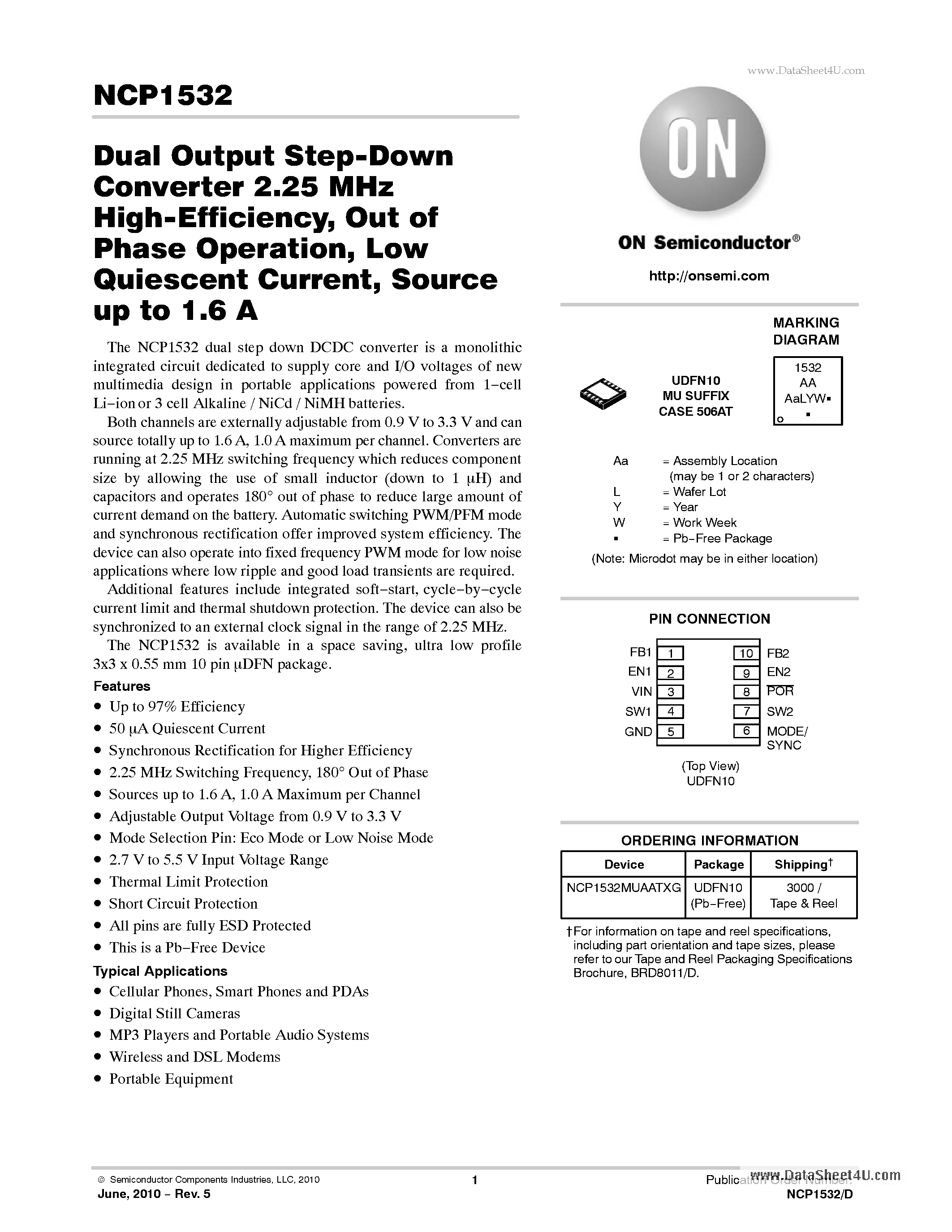 Datasheet NCP1532 - Dual Output Step-Down Converter 2.25 MHz High-Efficiency = Out page 1