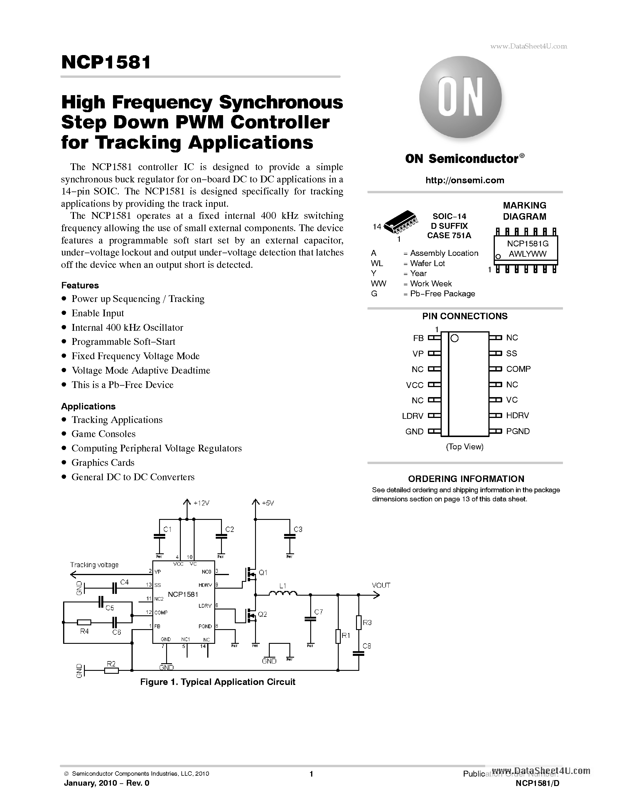 Datasheet NCP1581 page 1 Datasheet NCP1581 - High Frequency Synchronous Step Down PWM Controller page 1