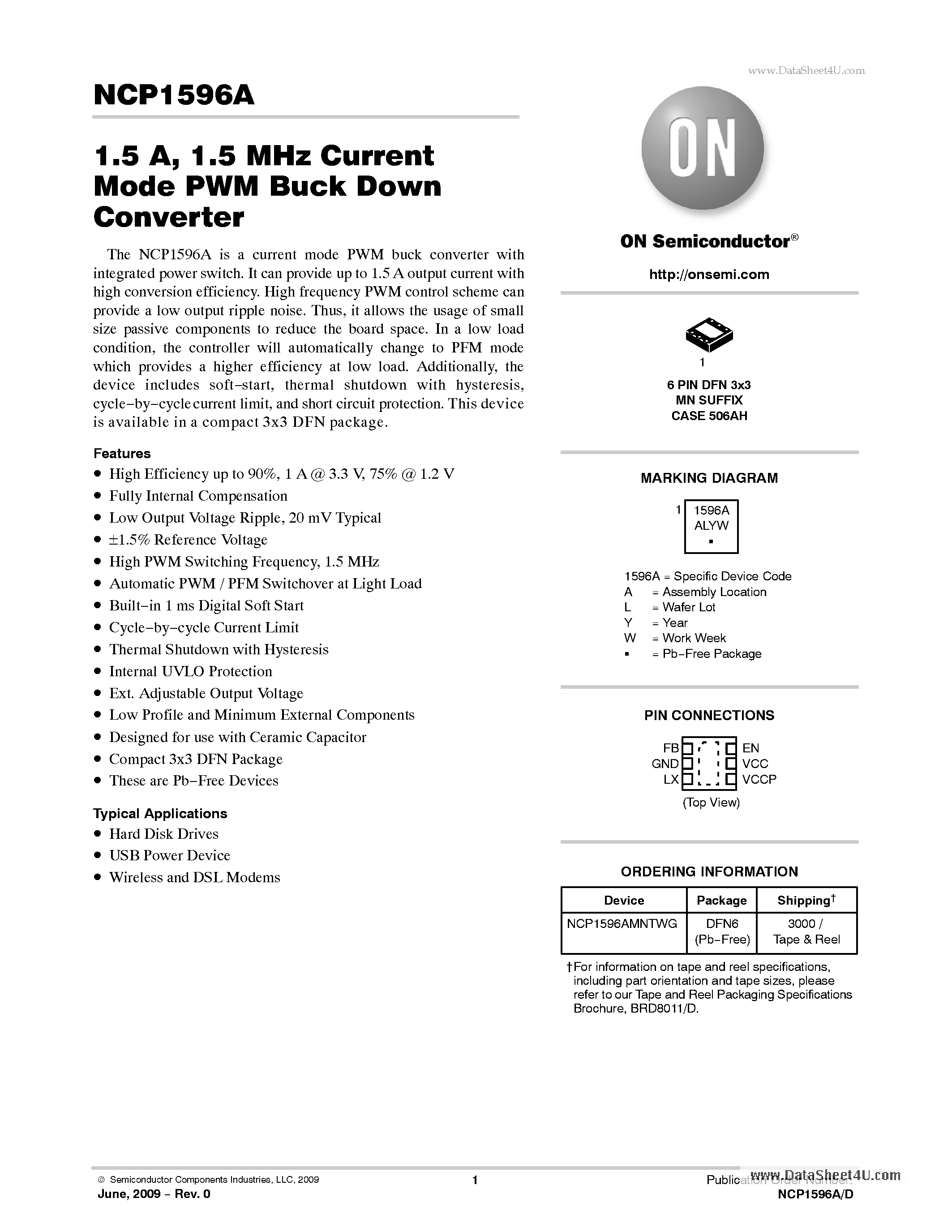Datasheet NCP1596A - 1.5 MHz Current Mode PWM Buck Down Converter page 1