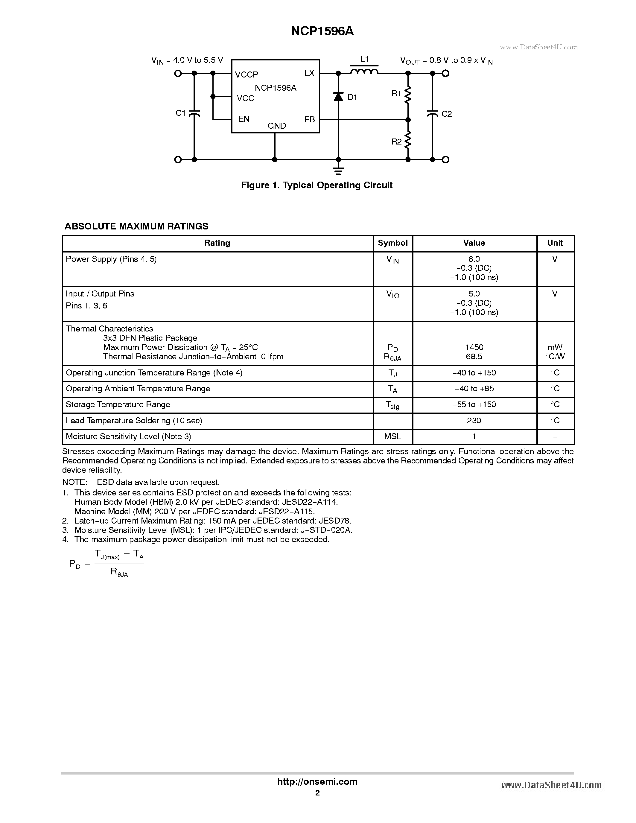 Datasheet NCP1596A - 1.5 MHz Current Mode PWM Buck Down Converter page 2