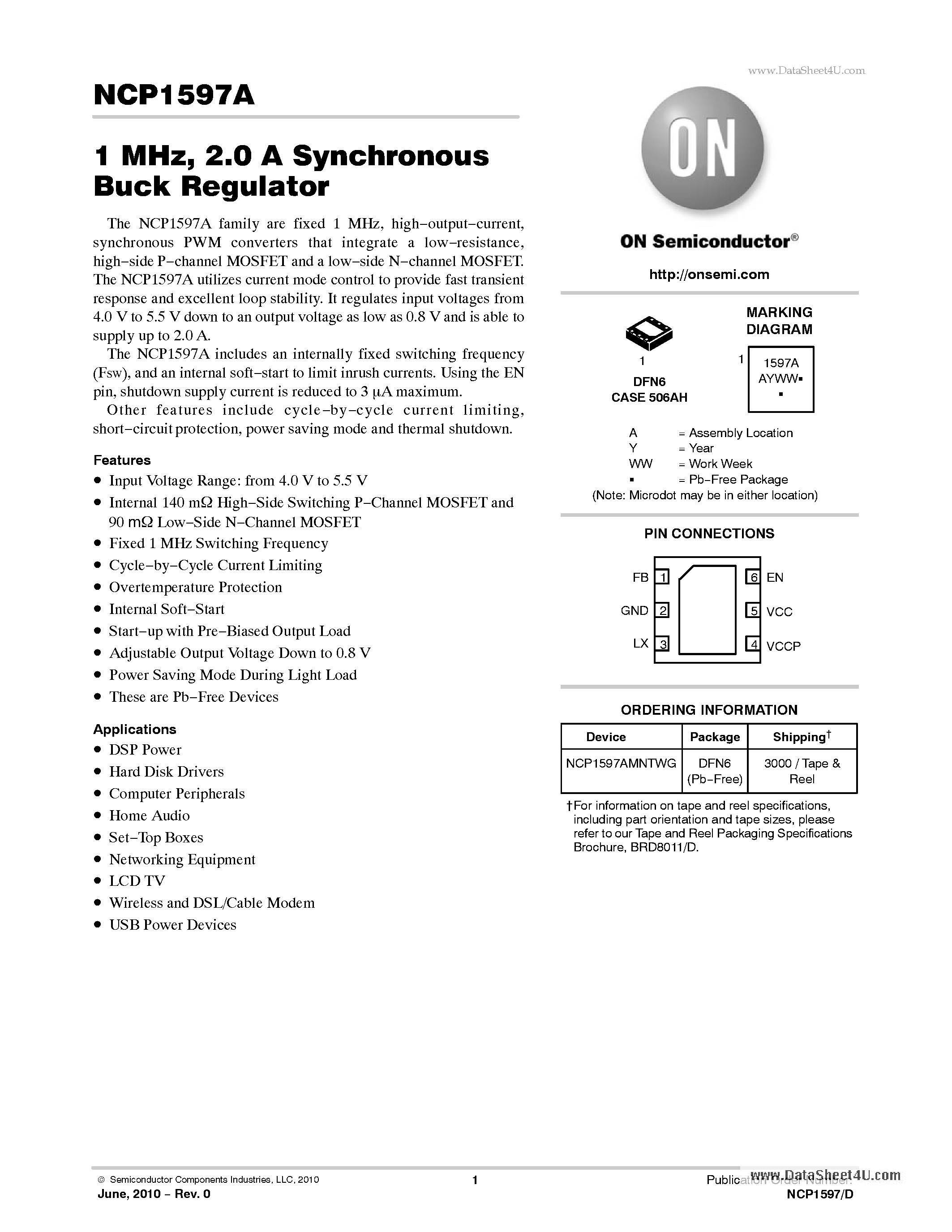 Datasheet NCP1597A - 2.0 A Synchronous Buck Regulator page 1