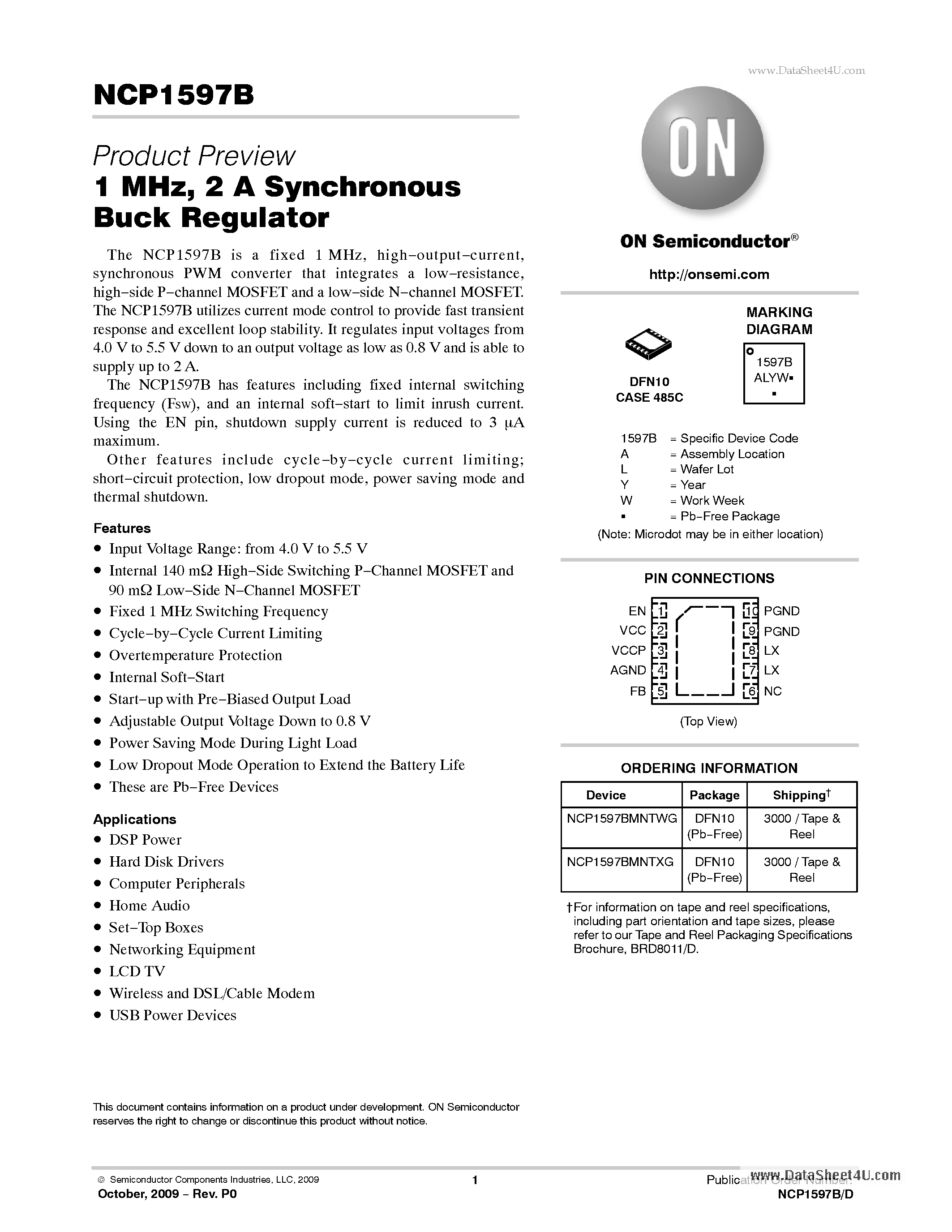 Datasheet NCP1597B page 1 Datasheet NCP1597B - 2 A Synchronous Buck Regulator page 1