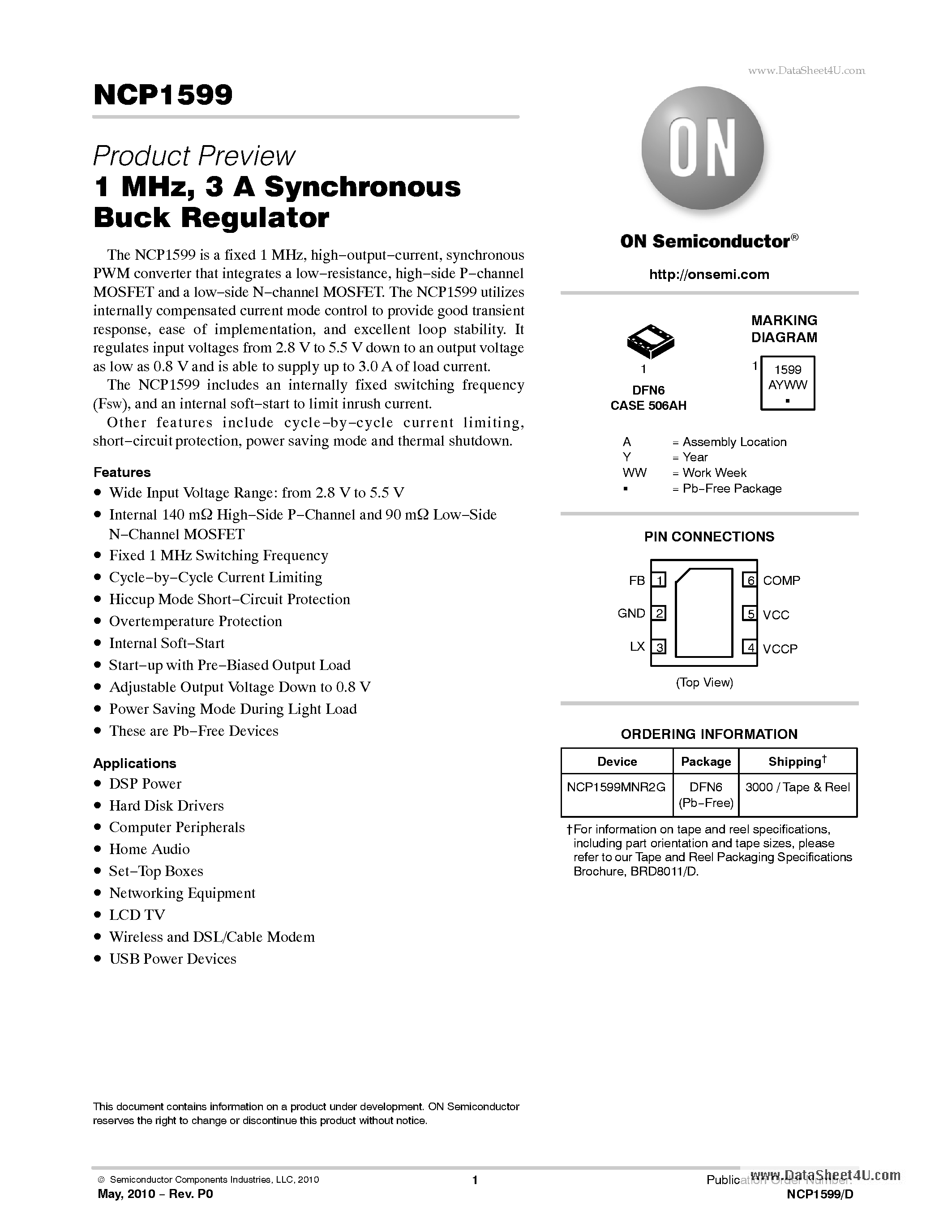 Datasheet NCP1599 - 3 A Synchronous Buck Regulator page 1