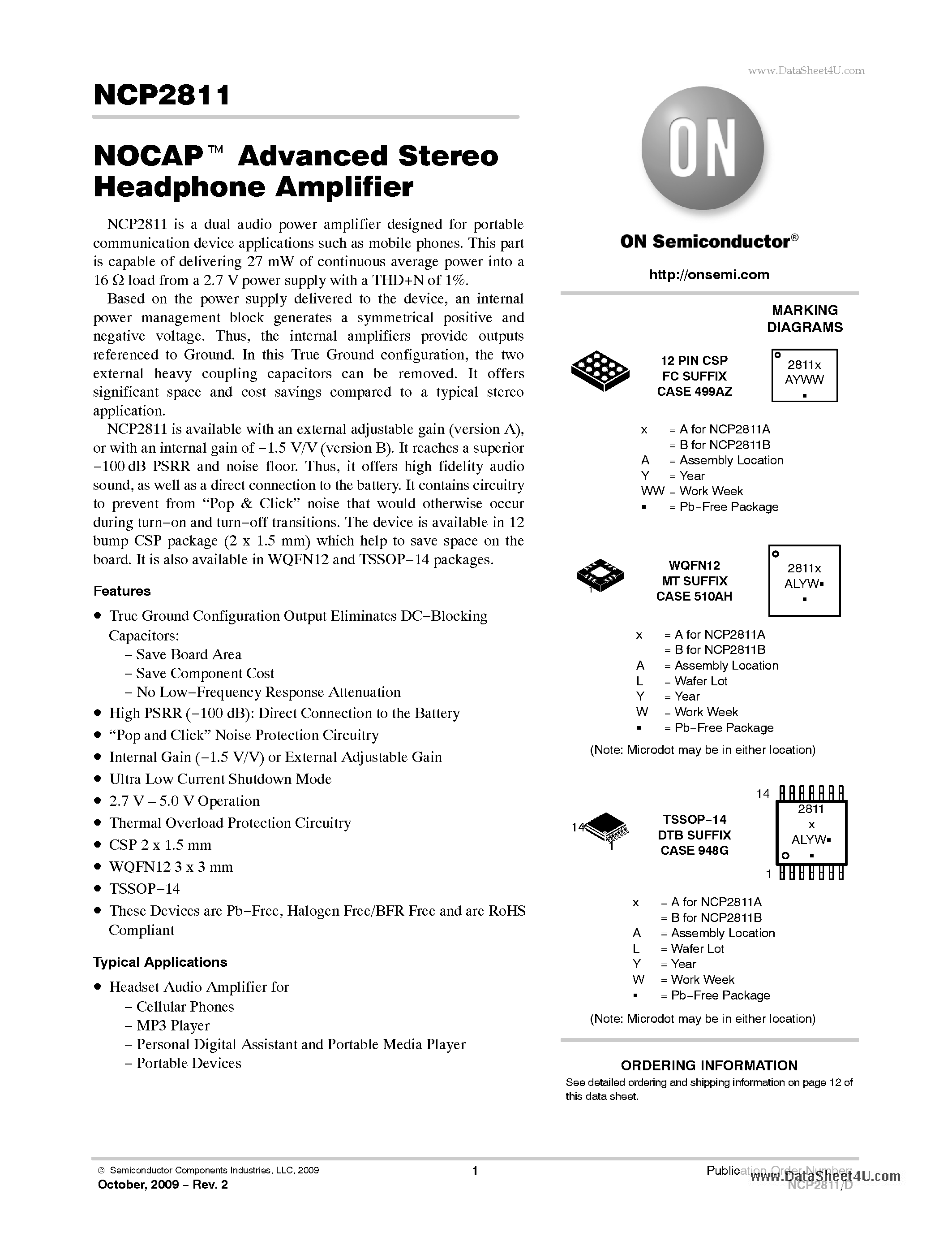 Datasheet NCP2811 - NOCAP Advanced Stereo Headphone Amplifier page 1