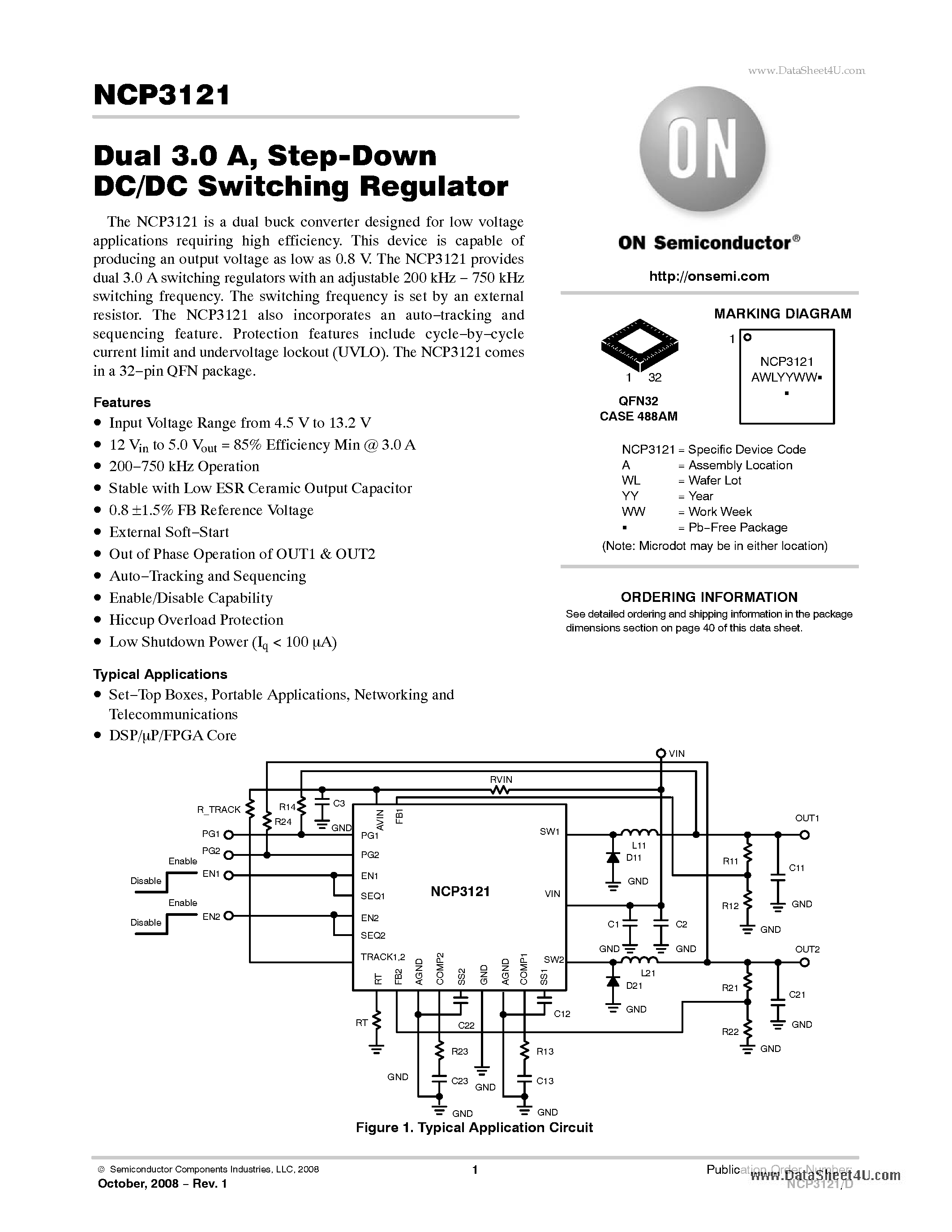 Datasheet NCP3121 page 1 Datasheet NCP3121 - Step-Down DC/DC Switching Regulator page 1