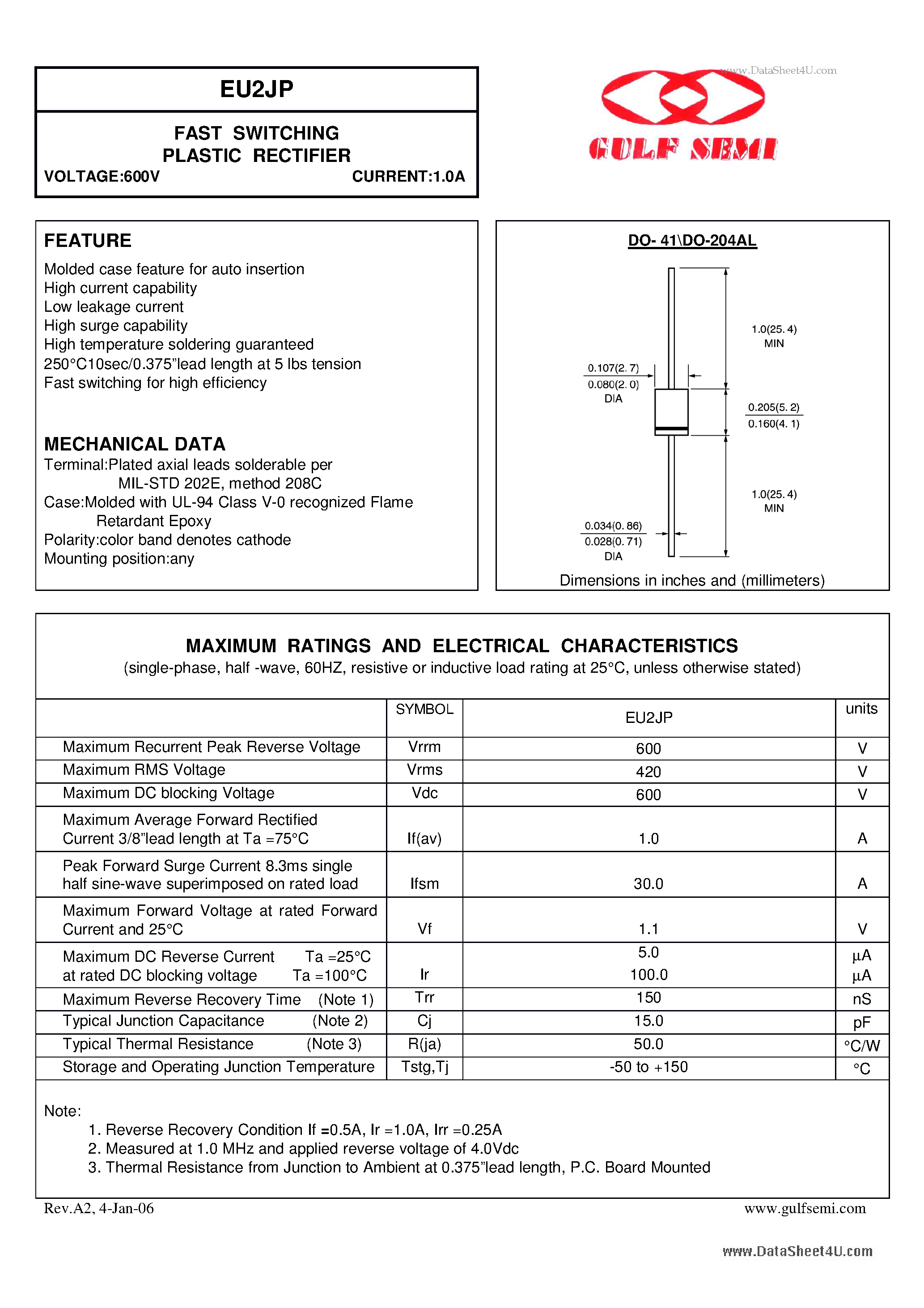 Datasheet EU2JP page 1 Datasheet EU2JP - FAST SWITCHING PLASTIC RECTIFIER VOLTAGE:600V CURRENT:1.0A page 1