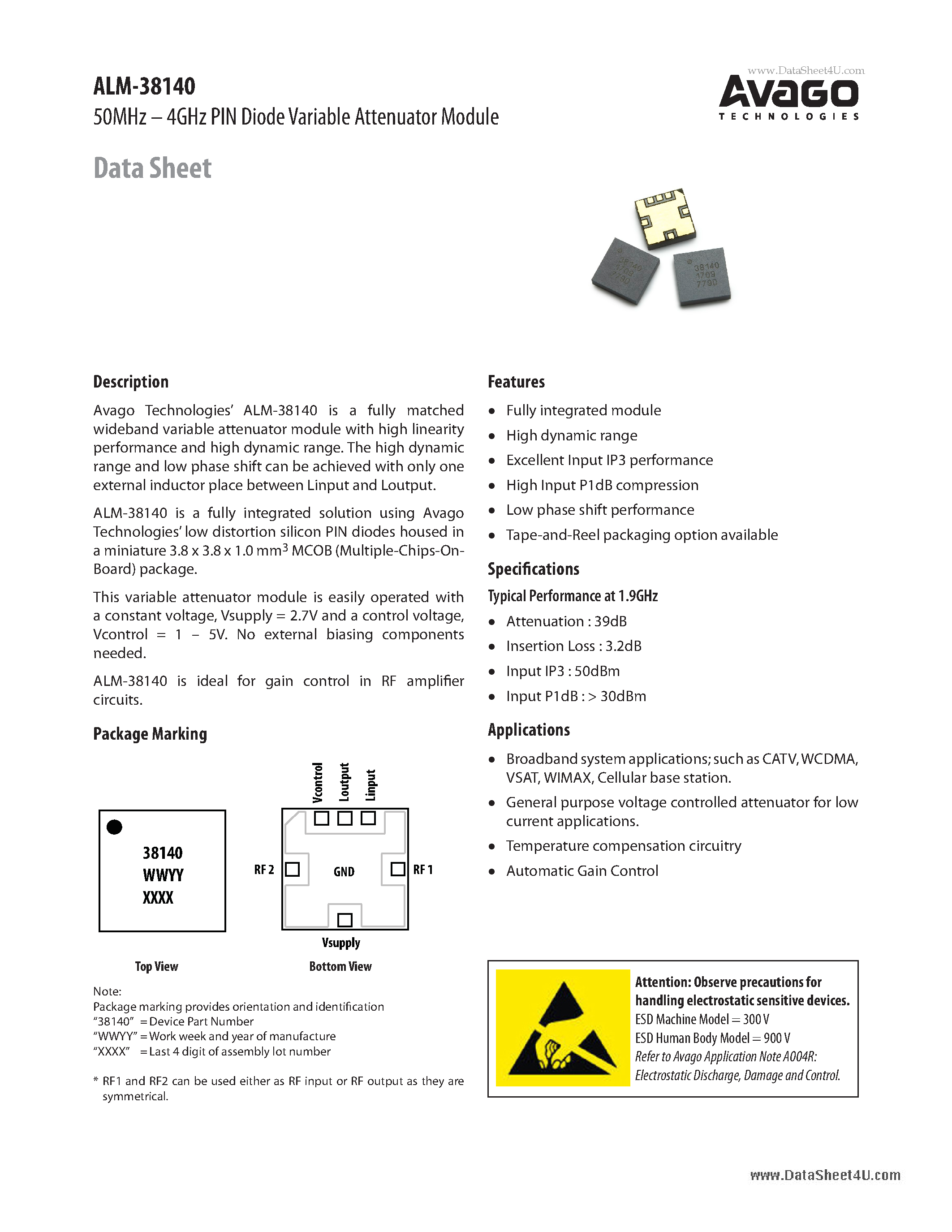 Datasheet ALM-38140 page 1 Datasheet ALM-38140 - 50MHz - 4GHz PIN Diode Variable Attenuator Module page 1