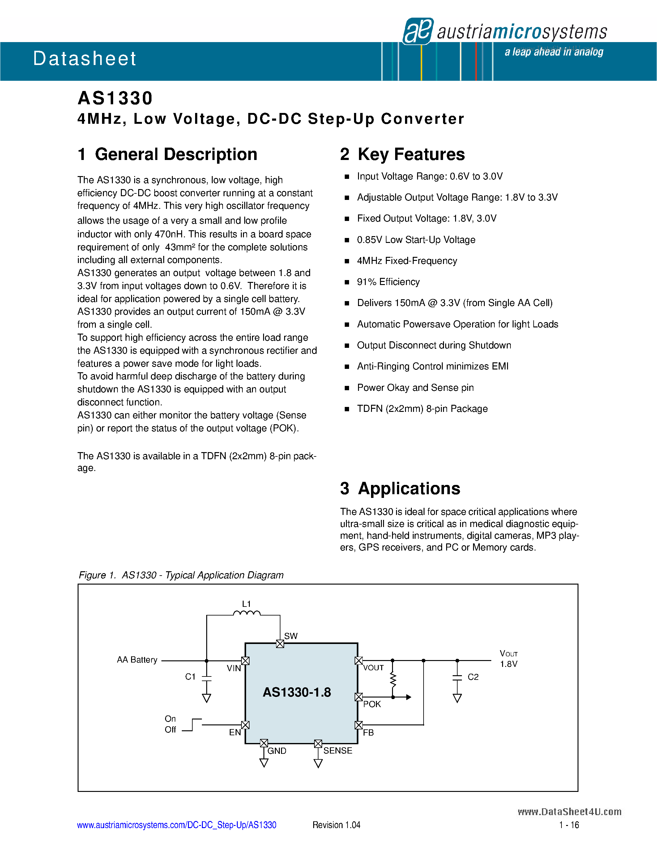 Даташит на микросхему AS1330 страница 1 Даташит AS1330 - 4MHz Low Voltage DC-DC Step-Up Converter страница 1