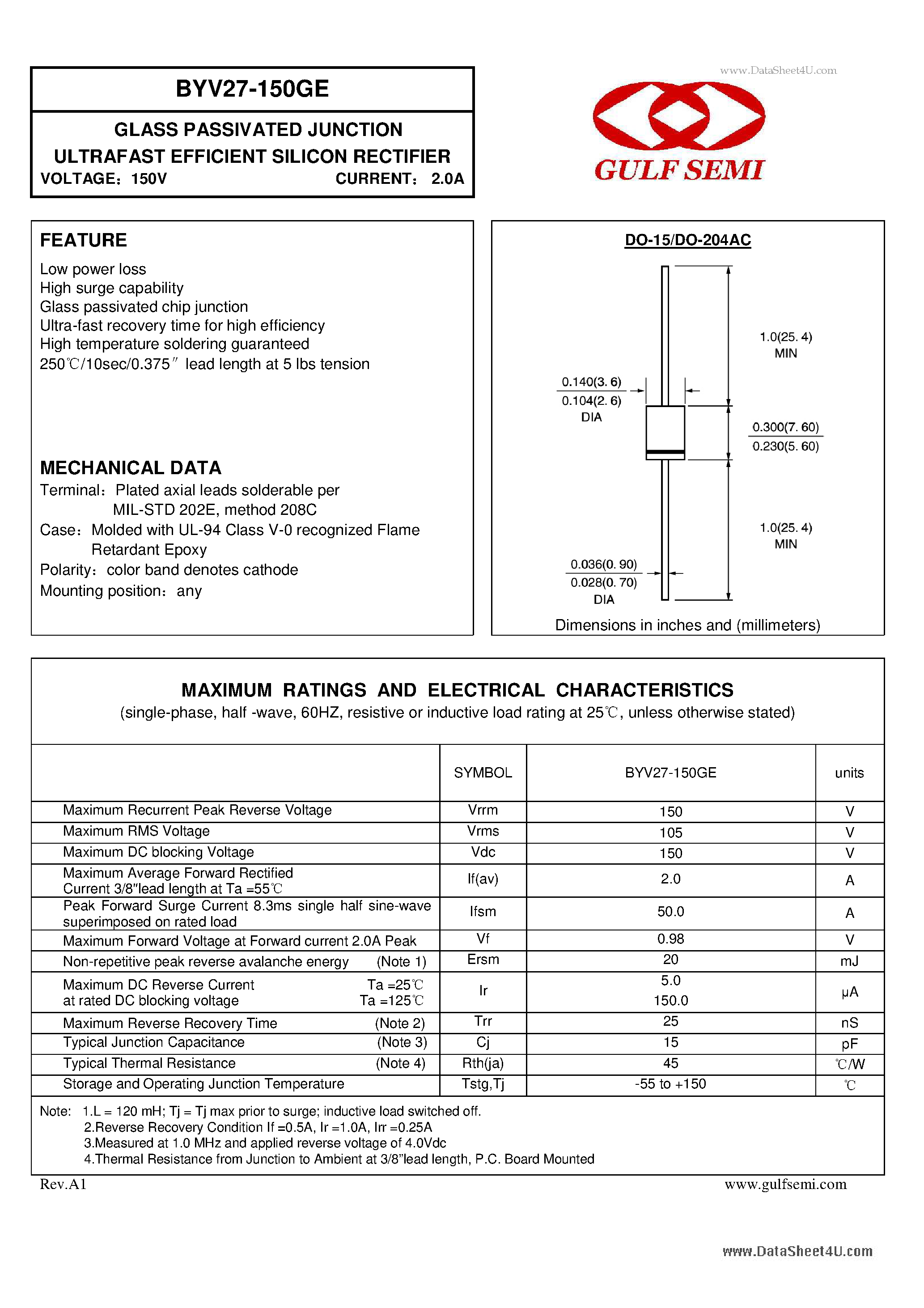 Datasheet BYV27-150GE - GLASS PASSIVATED JUNCTION ULTRAFAST EFFICIENT SILICON RECTIFIER VOLTAGE page 1