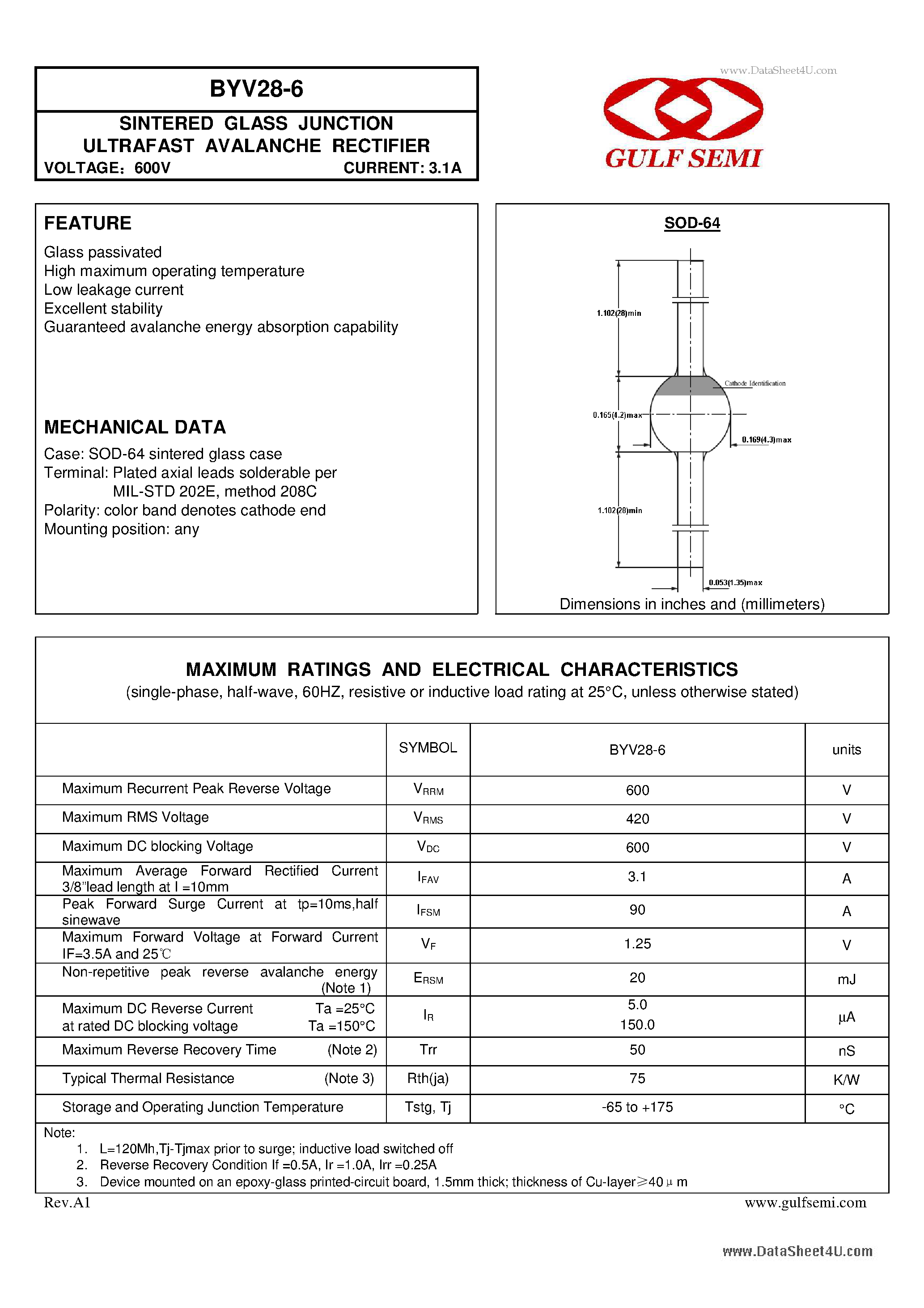 Даташит на микросхему BYV28-6 страница 1 Даташит BYV28-6 - SINTERED GLASS JUNCTION ULTRAFAST AVALANCHE RECTIFIER VOLTAGE страница 1