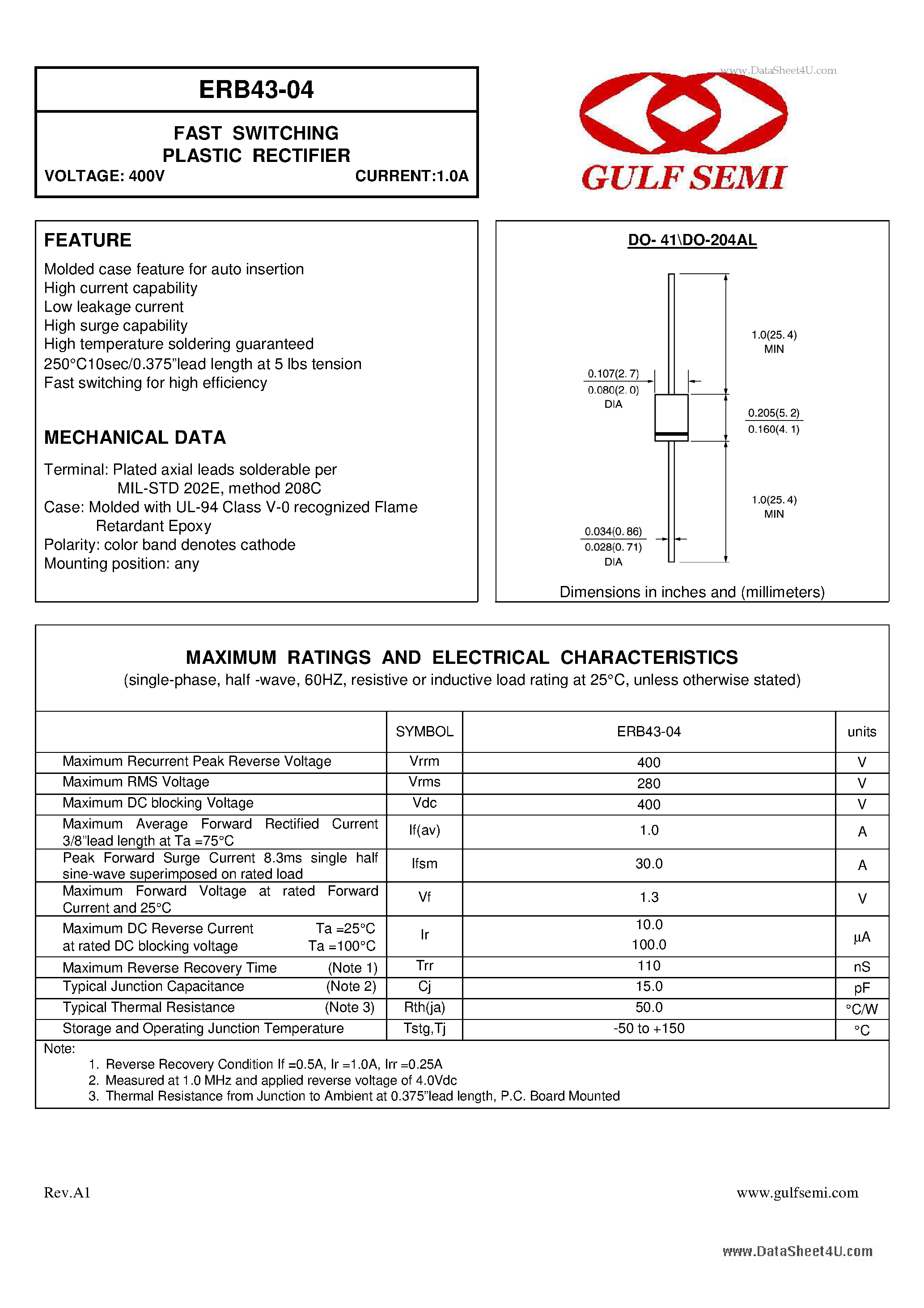 Даташит ERB43-04 - FAST SWITCHING PLASTIC RECTIFIER VOLTAGE: 400V CURRENT:1.0A страница 1