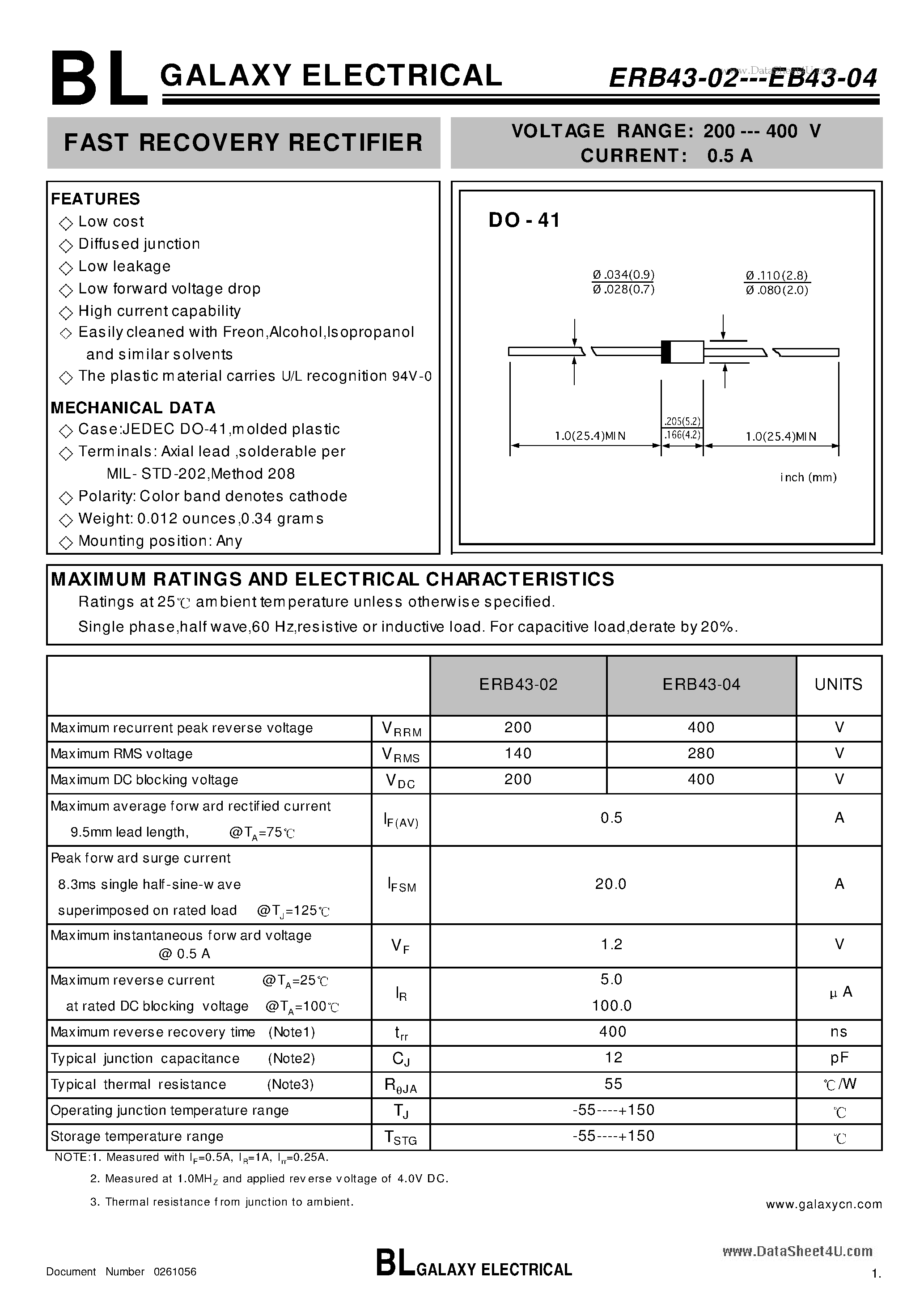 Даташит ERB43-02 - FAST RECOVERY RECTIFIER страница 1