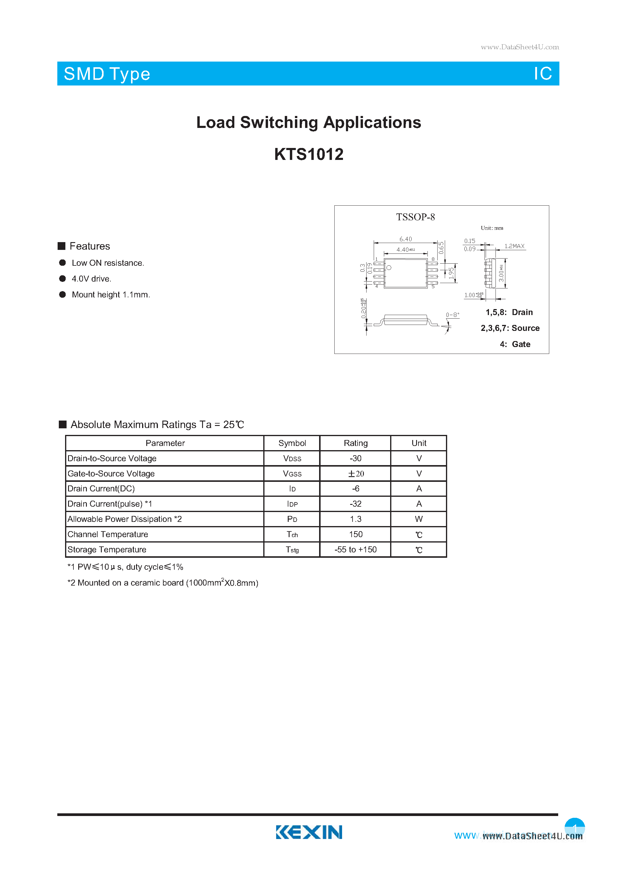 Datasheet KTS1012 page 1 Datasheet KTS1012 - Load Switching Applications page 1