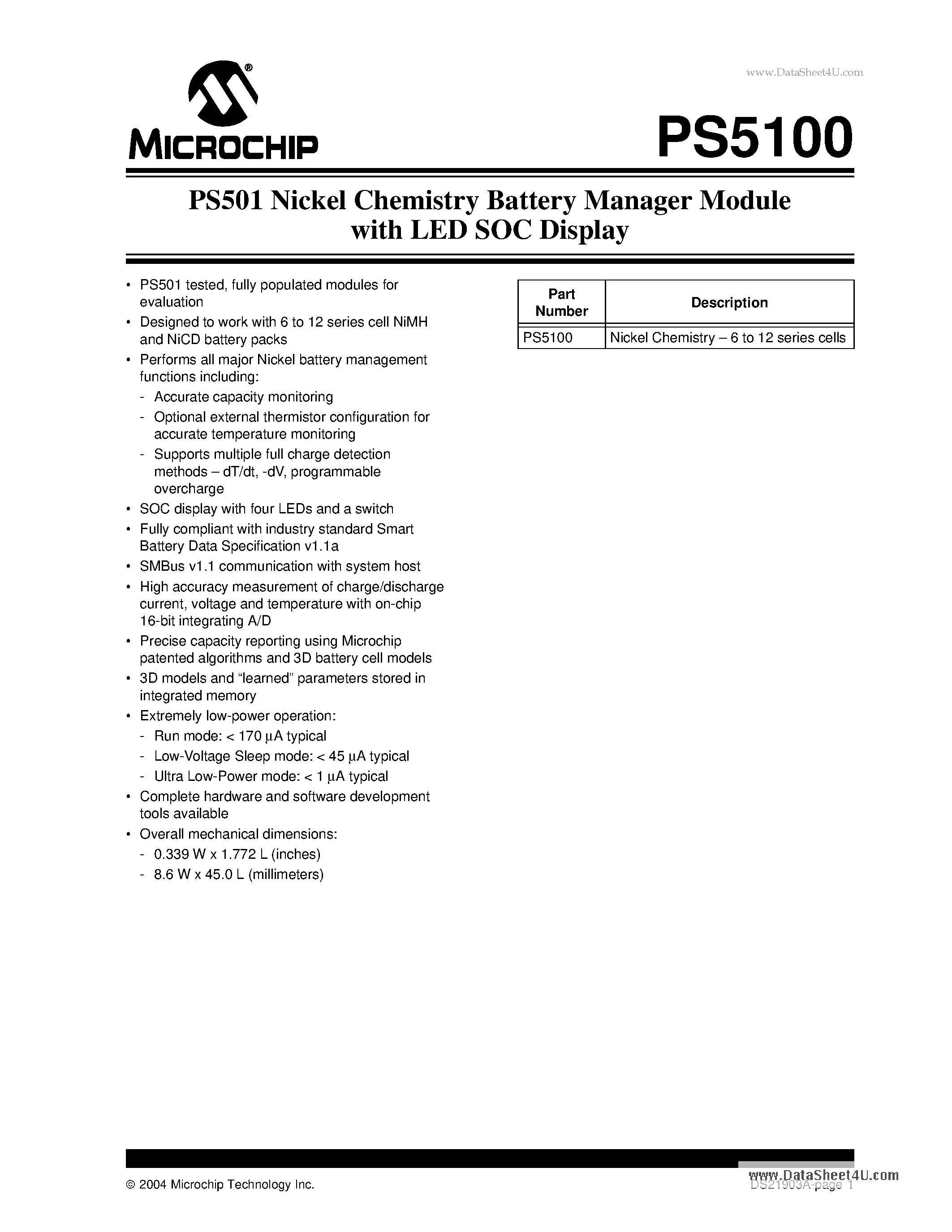 Datasheet PS5100 - Nickel Chemistry Battery Manager Module page 1