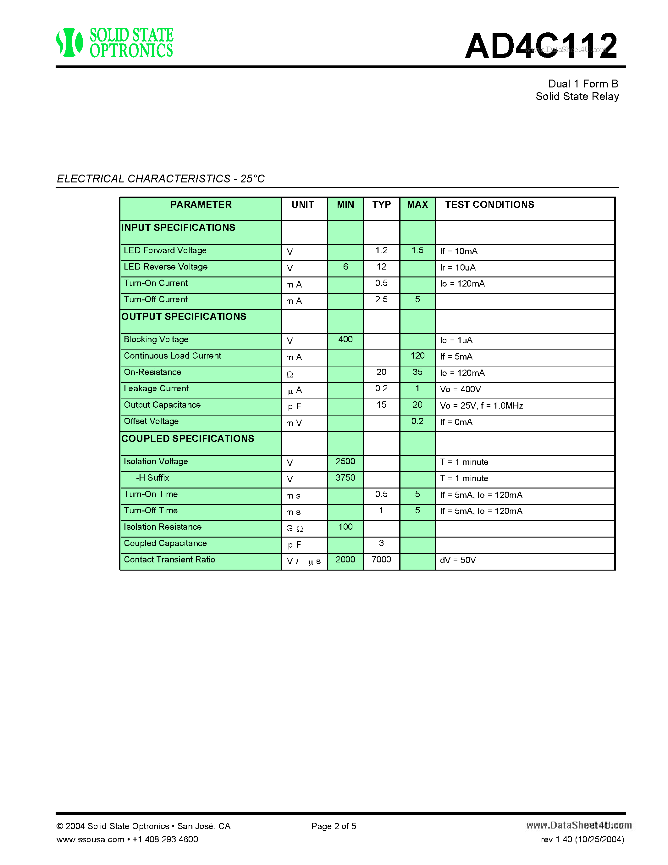 Datasheet AD4C112 - Solid State Relay page 2