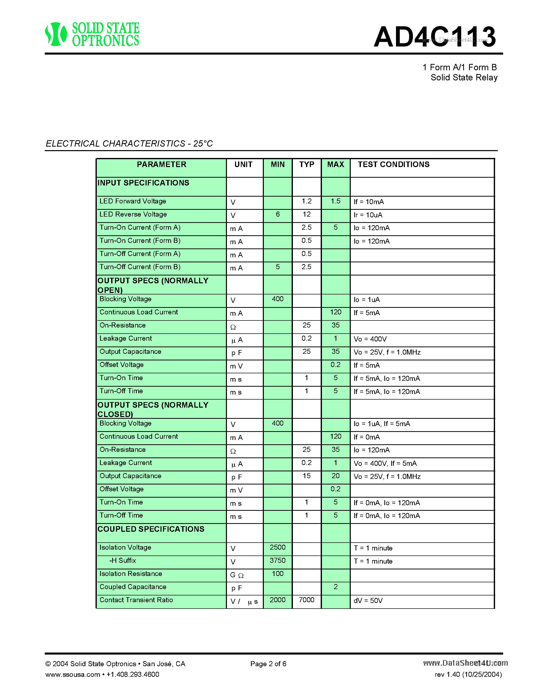 Datasheet AD4C113 - Solid State Relay page 2