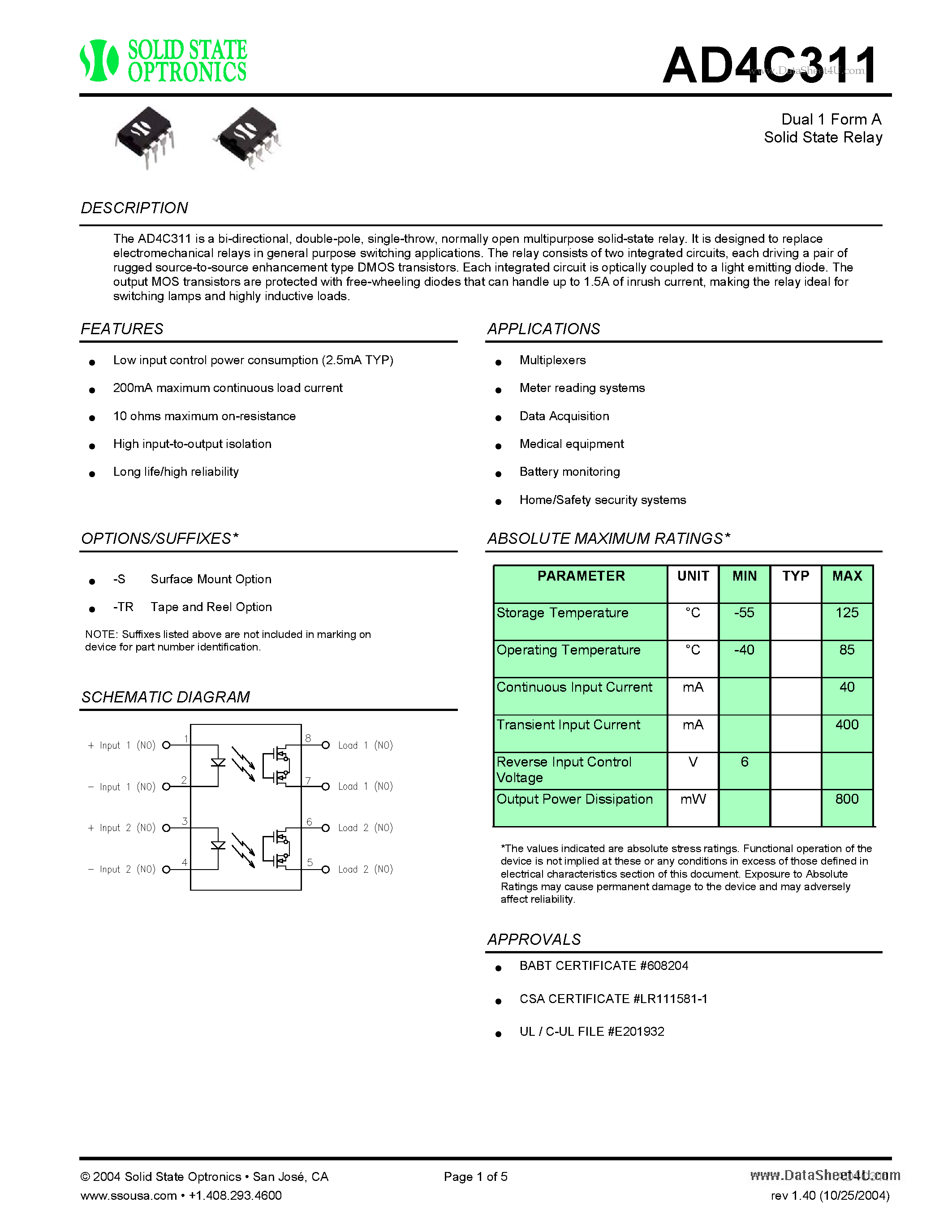 Datasheet AD4C311 - Solid State Relay page 1