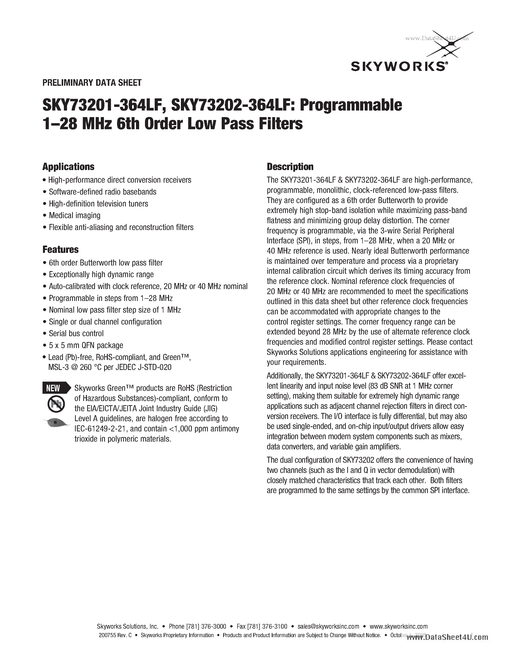 Datasheet SKY73201-364LF - (SKY73201-364LF / SKY73202-364LF) 1-28 MHz 6th Order Low Pass Filters page 1