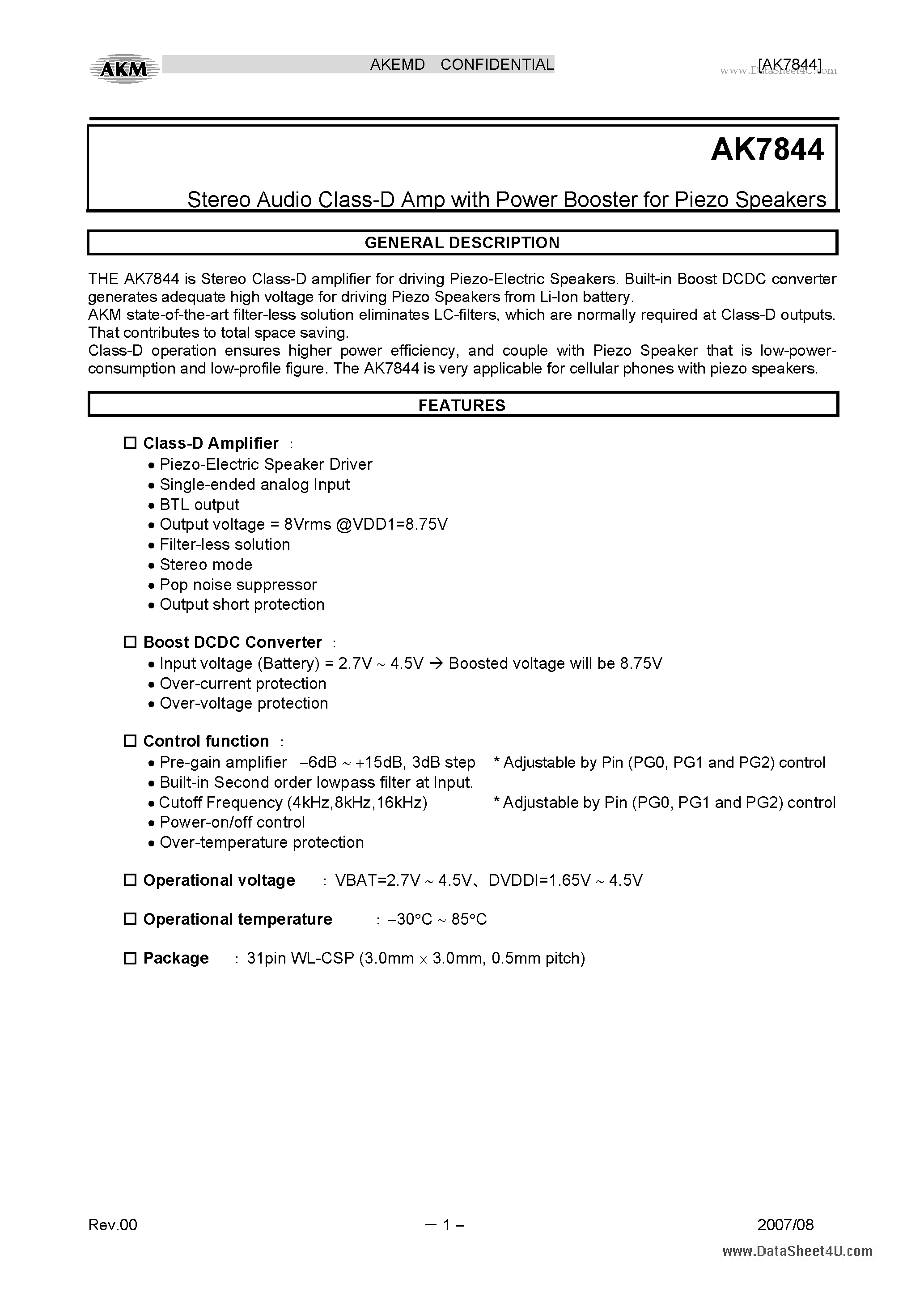 Даташит AK7844 - Stereo Audio Class-D Amp страница 1