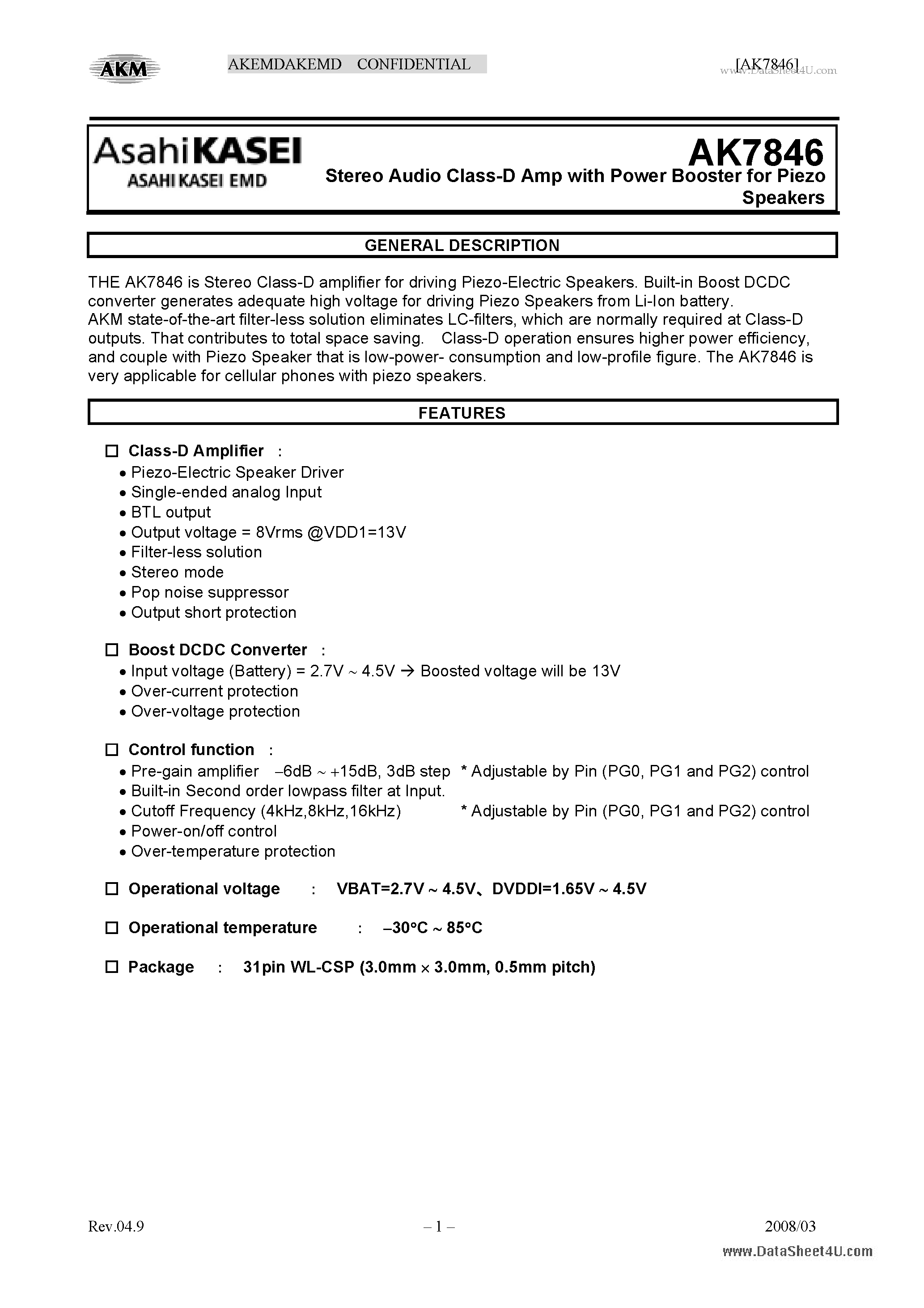 Даташит AK7846 - Stereo Audio Class-D Amp страница 1