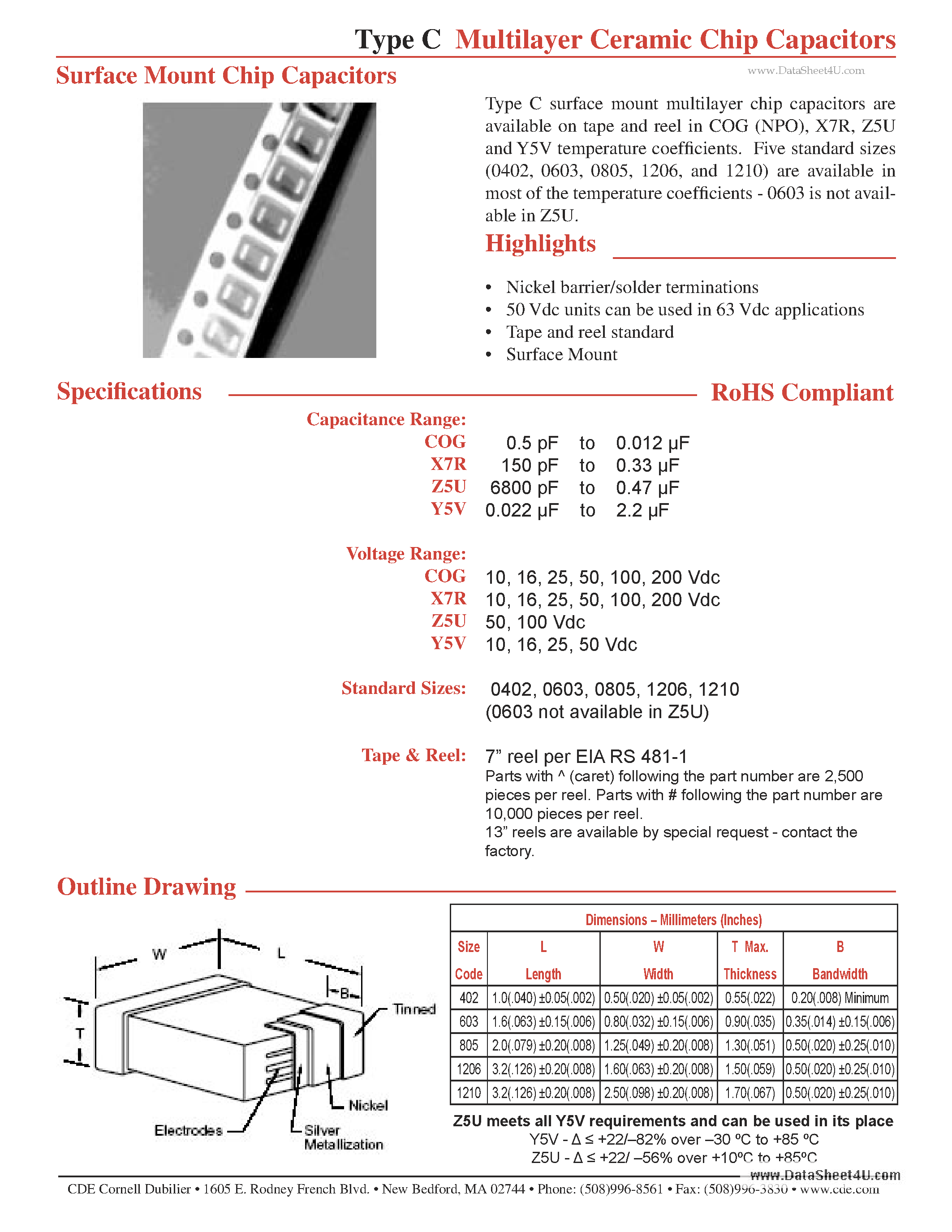 Datasheet C0805C474K3RAC - Multilayer Ceramic Chip Capacitors page 1