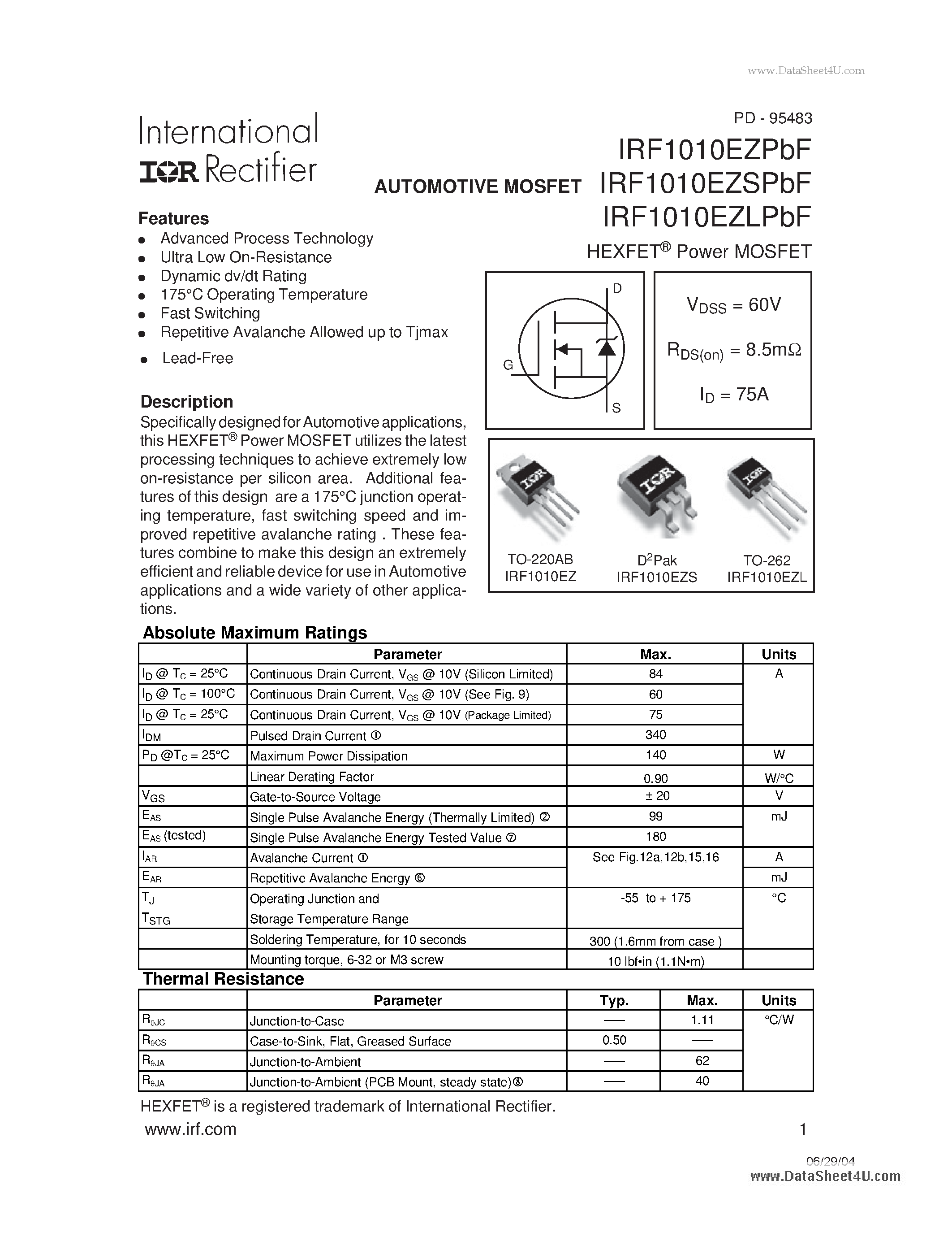 Даташит IRF1010EZLPbF - AUTOMOTIVE MOSFET страница 1