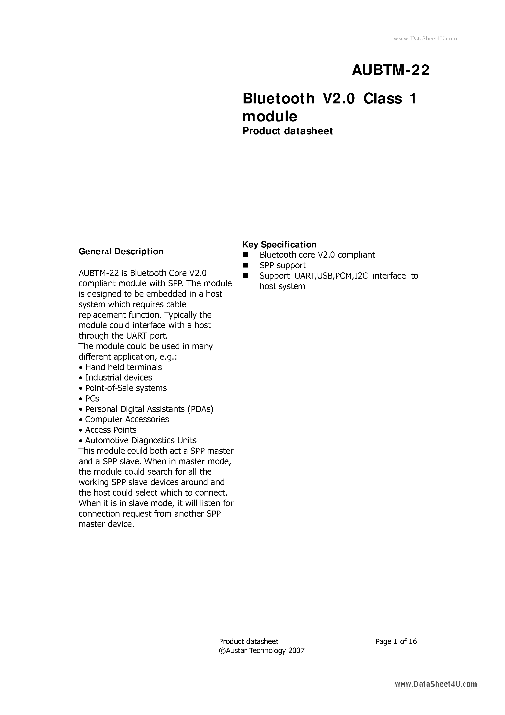 Datasheet AUBTM-22 page 1 Datasheet AUBTM-22 - Bluetooth V2.0 Class 1 module page 1