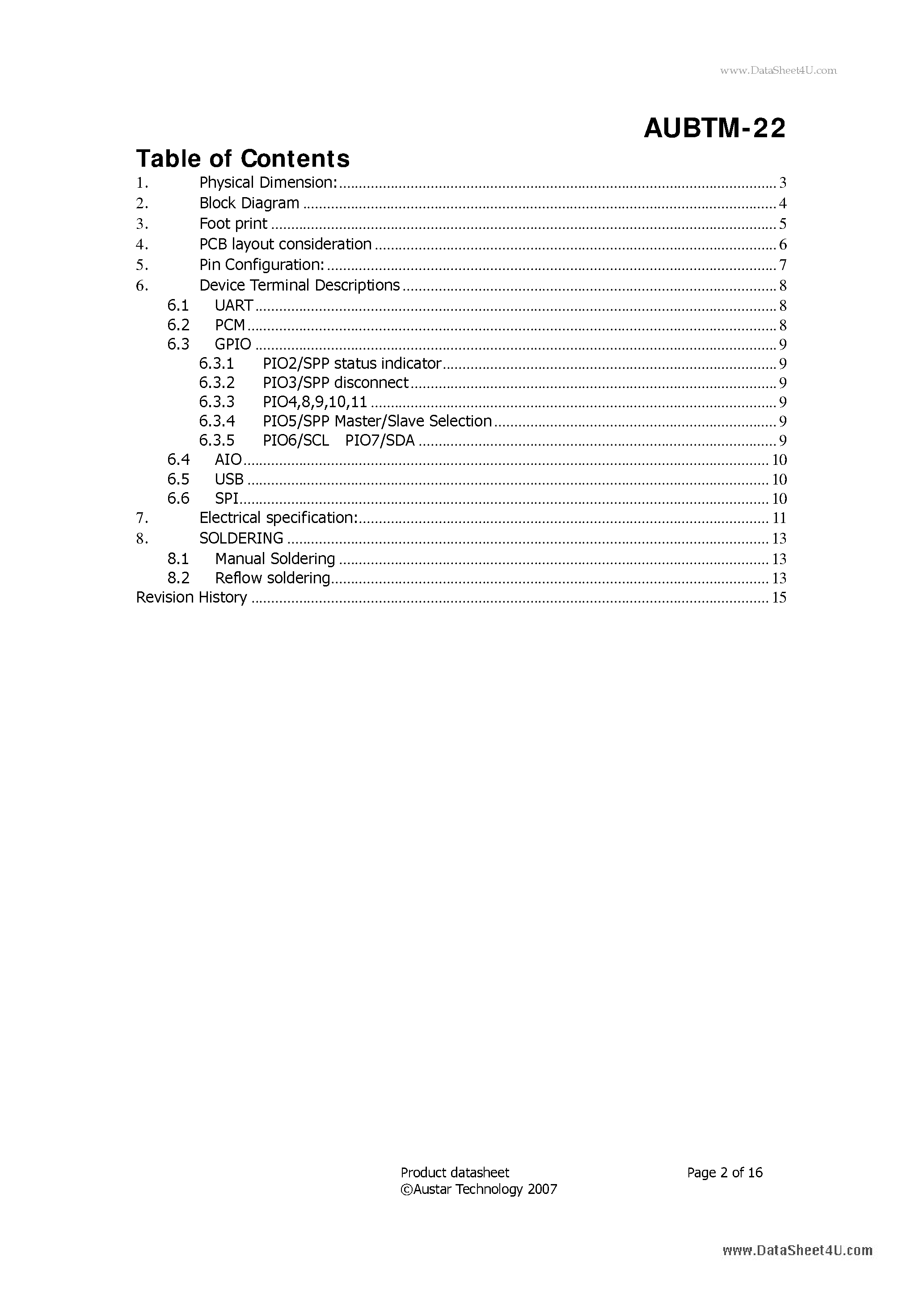 Datasheet AUBTM-22 page 2 Datasheet AUBTM-22 - Bluetooth V2.0 Class 1 module page 2