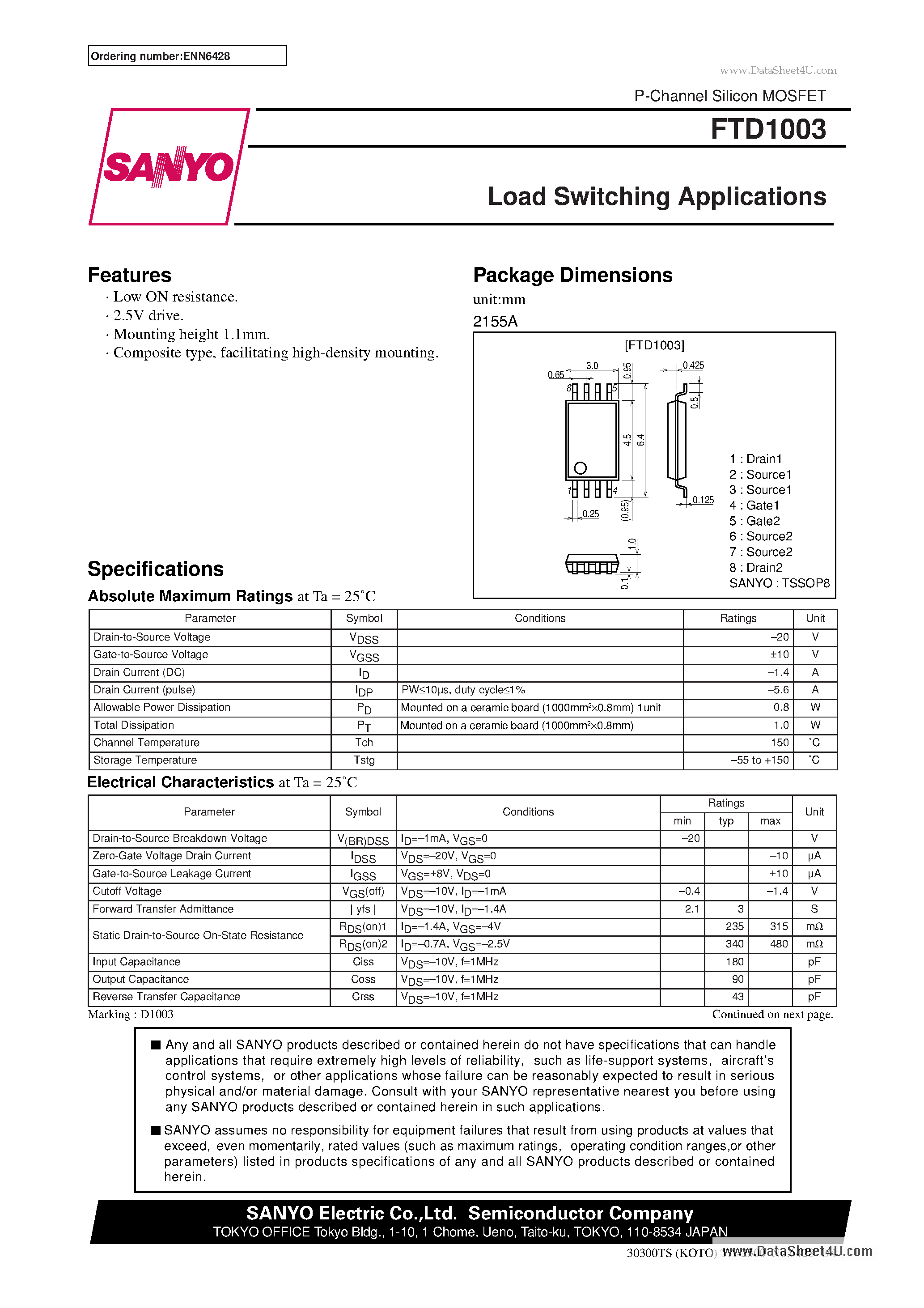 Даташит FTD1003 - Load Switching Applications страница 1