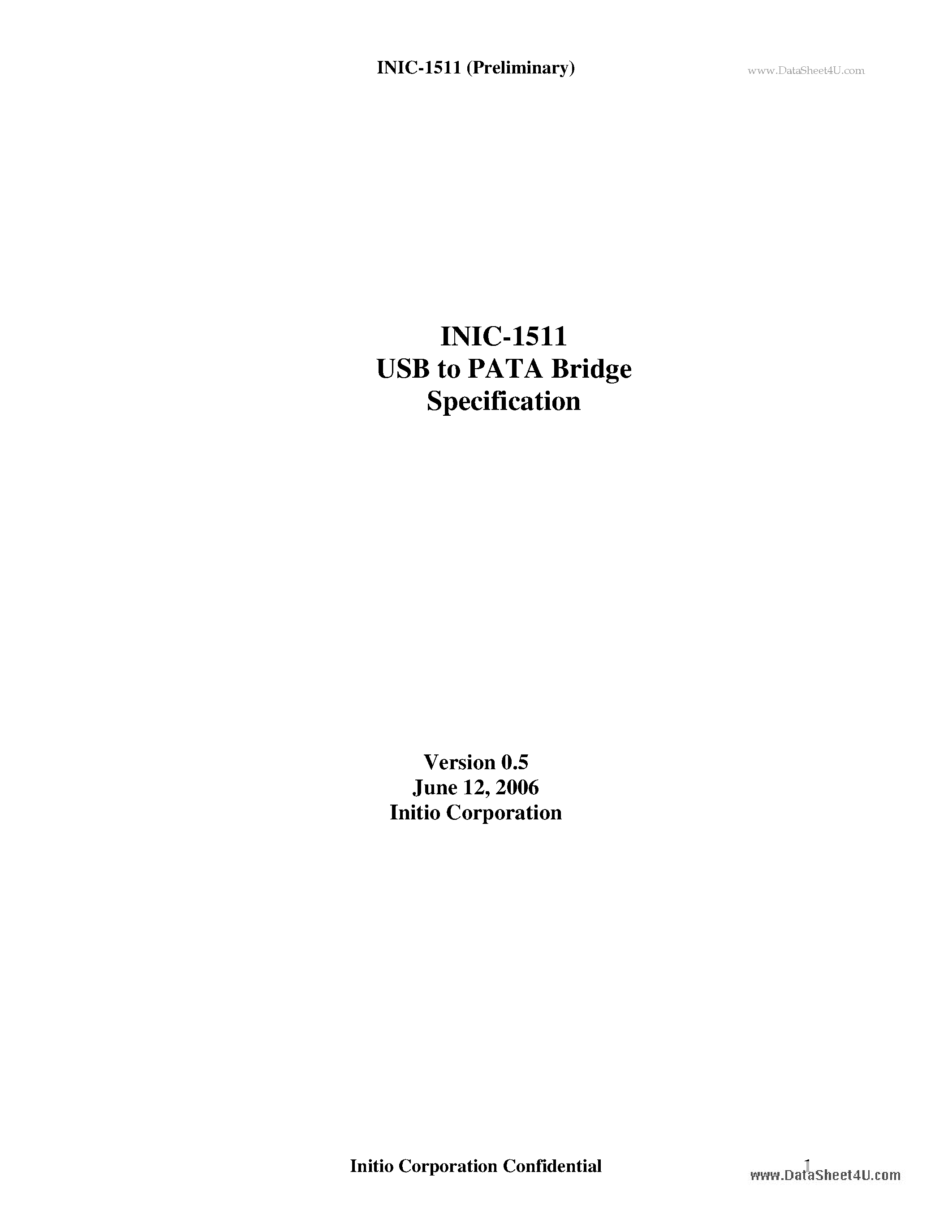 Datasheet INIC-1511 - USB to PATA Bridge page 1