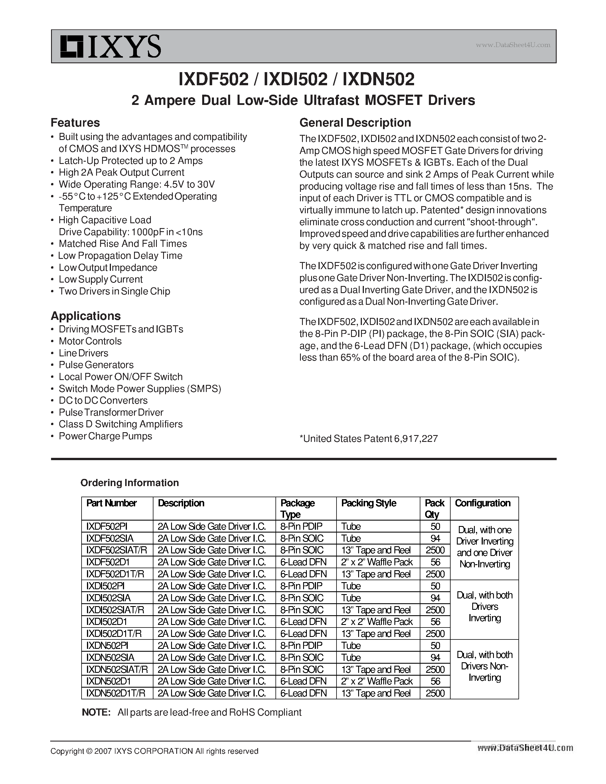 Datasheet IXDF502 - (IXDx502) 2 Ampere Dual Low-Side Ultrafast MOSFET Drivers page 1
