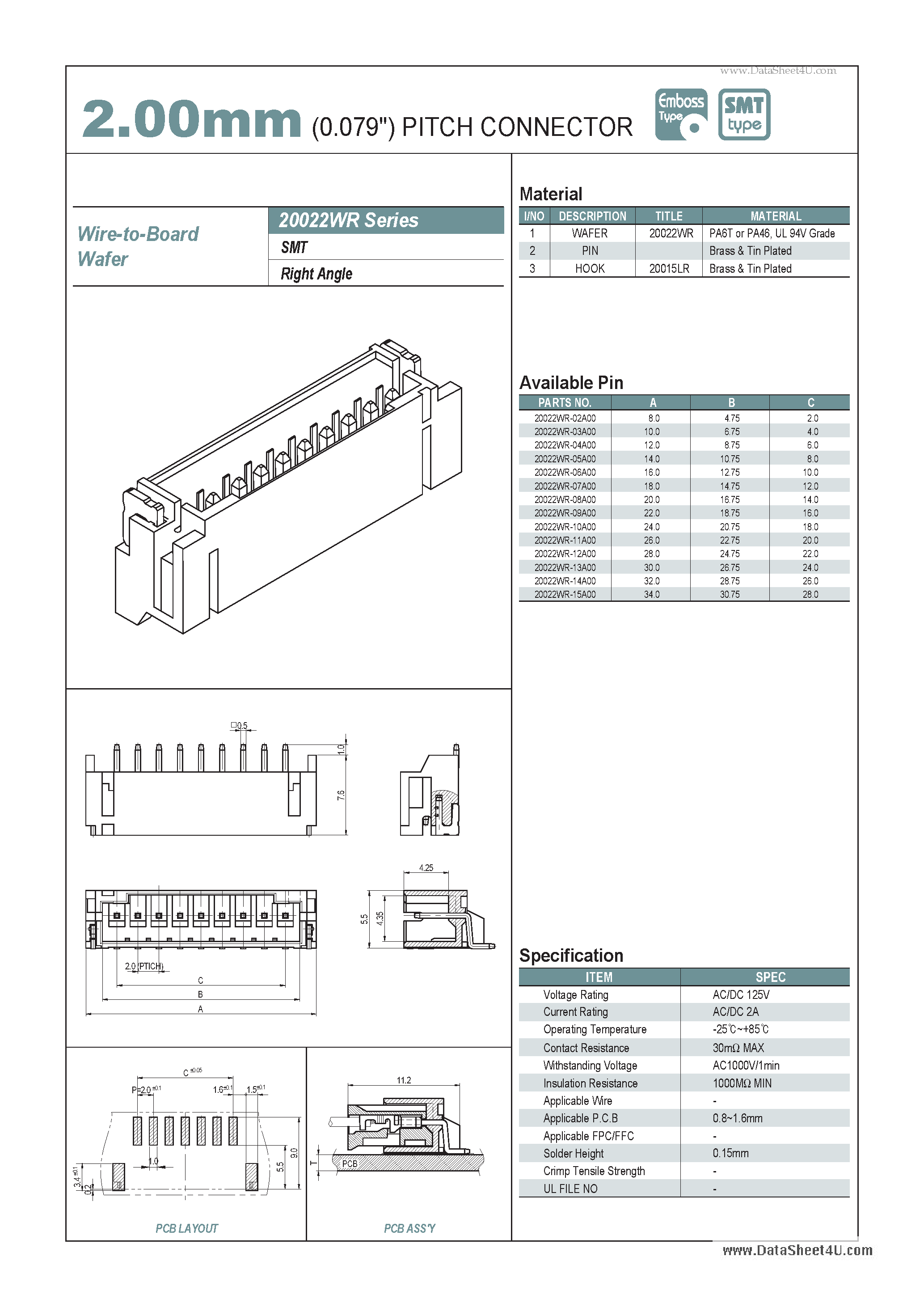 Datasheet 20022WR page 1 Datasheet 20022WR - 2.00mm Pitch Connector page 1