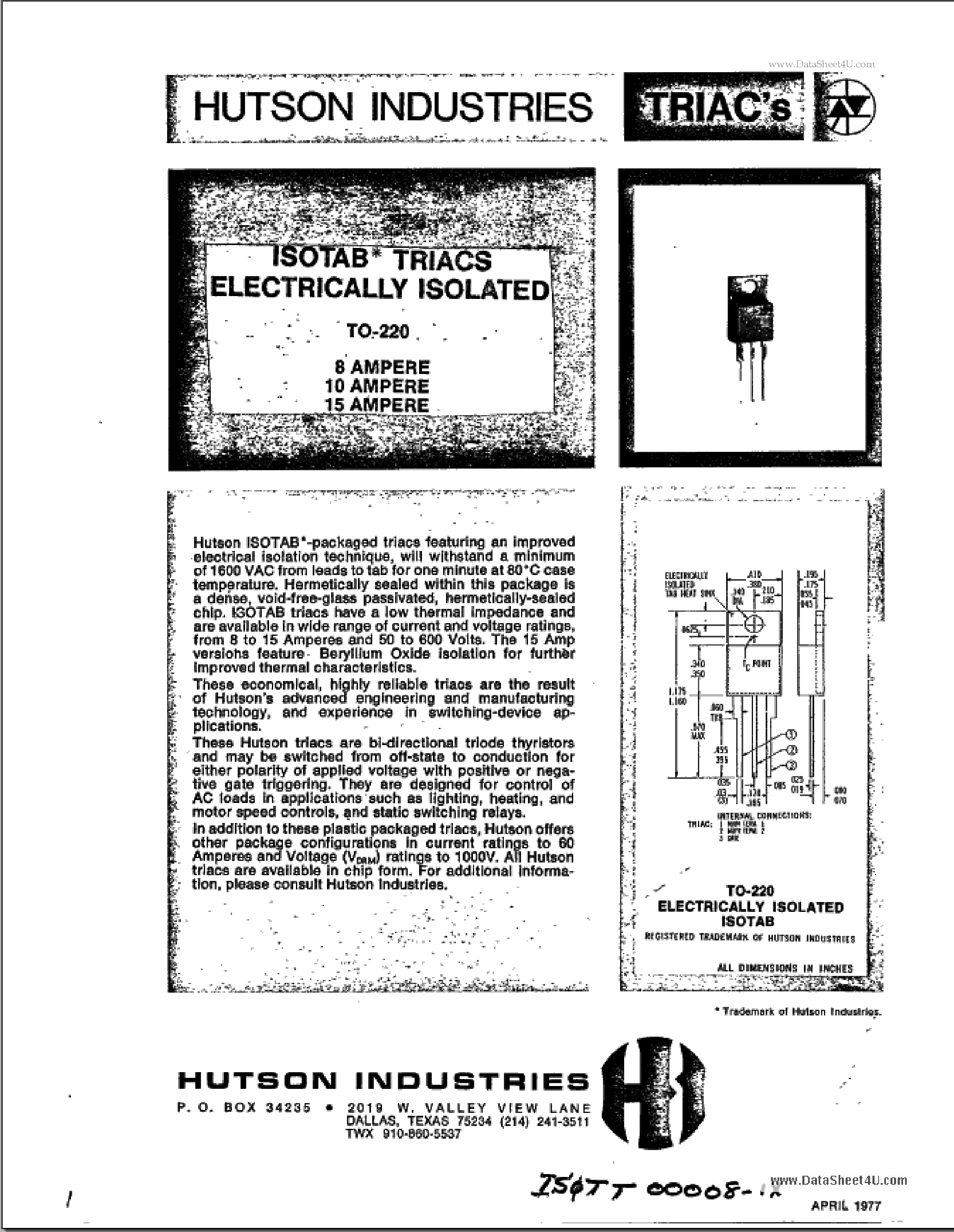 Datasheet IT410 - Isotab Triacs Electrically Isolated page 1