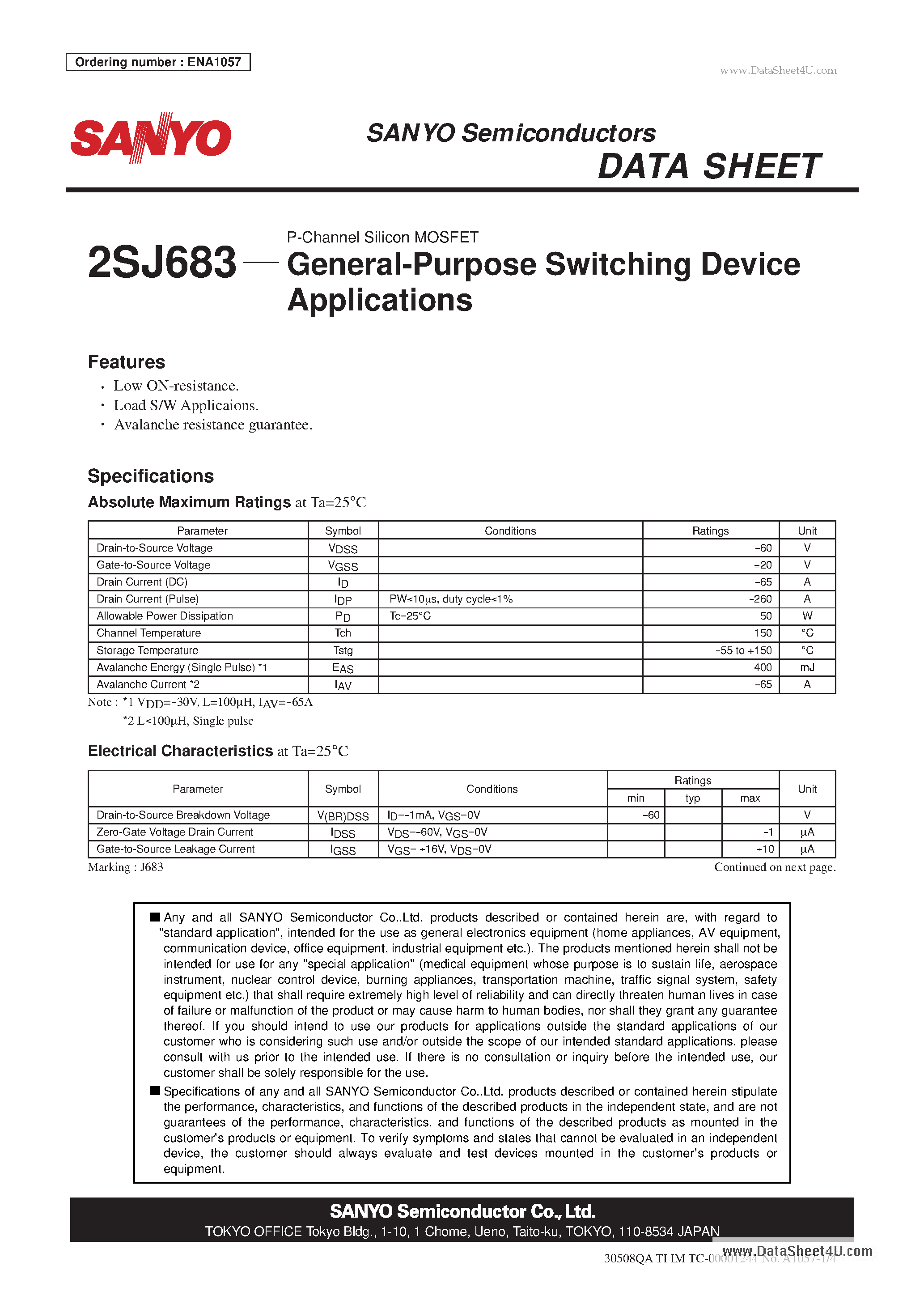 Даташит 2SJ683 - P-Channel Silicon MOSFET General-Purpose Switching Device Applications страница 1