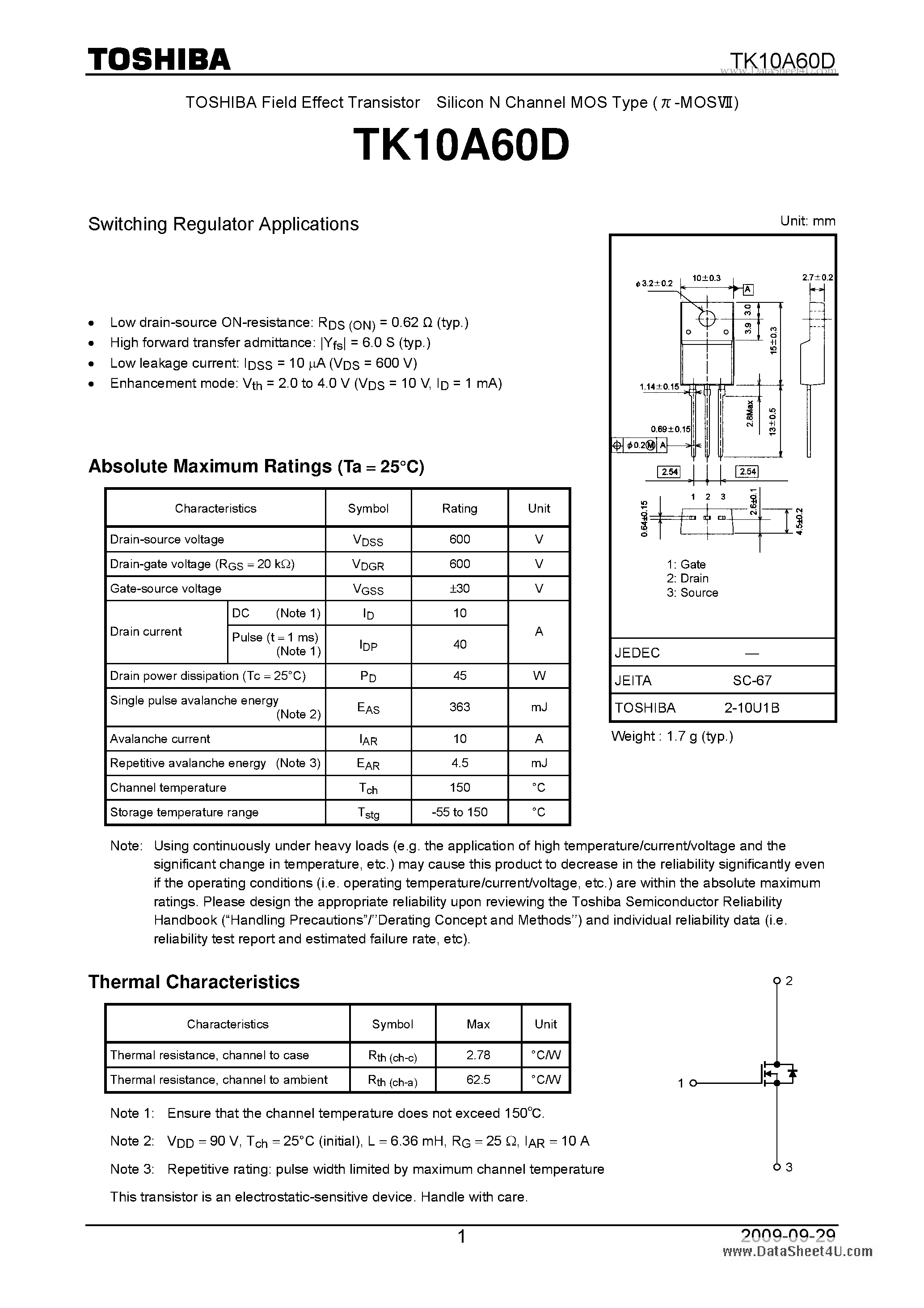Datasheet TK10A60D page 1 Datasheet TK10A60D - Switching Regulator Applications page 1