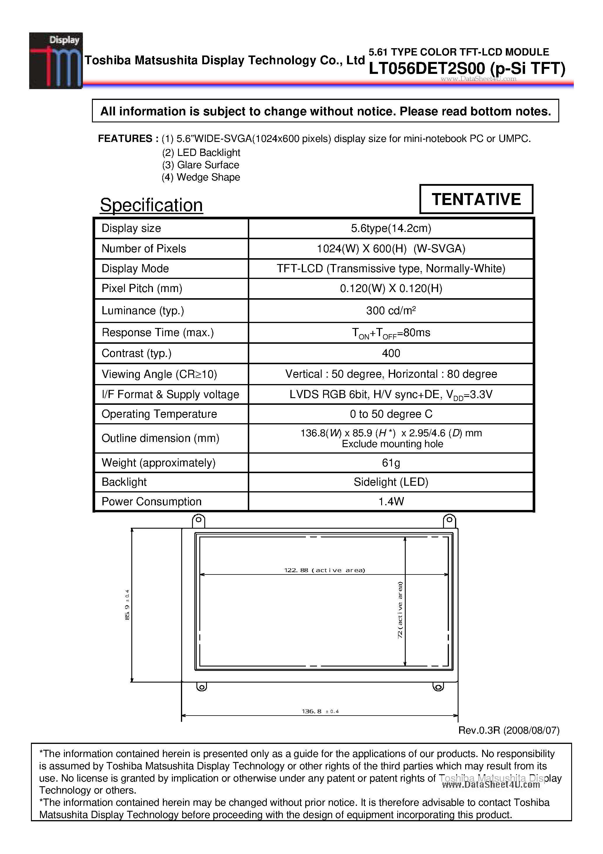 Datasheet LT056DET2S00 page 1 Datasheet LT056DET2S00 - P-Si TFT page 1