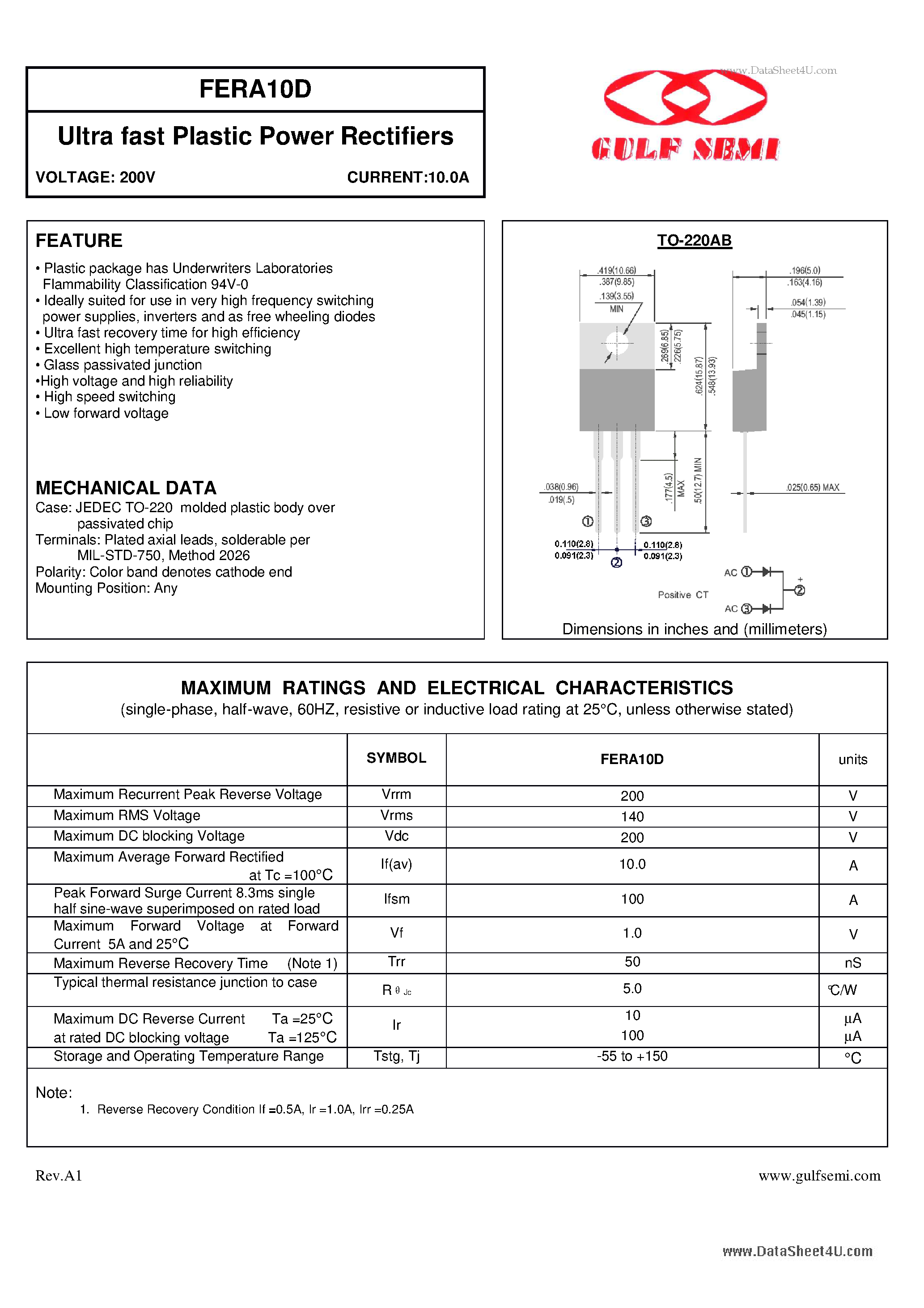 Datasheet FERA10D - Ultra fast Plastic Power Rectifiers VOLTAGE: 200V CURRENT:10.0A page 1