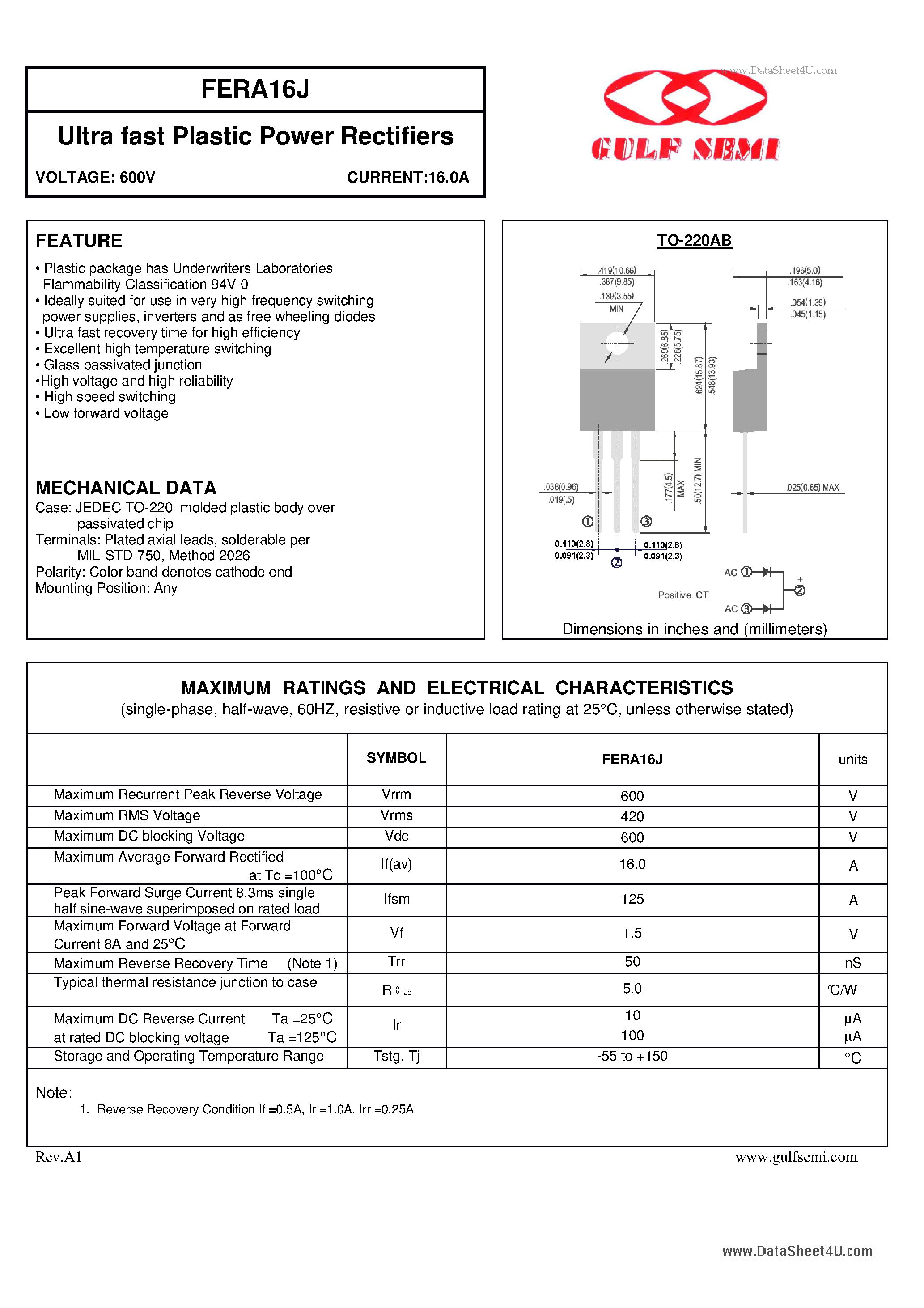 Datasheet FERA16J - Ultra fast Plastic Power Rectifiers VOLTAGE: 600V CURRENT:16.0A page 1