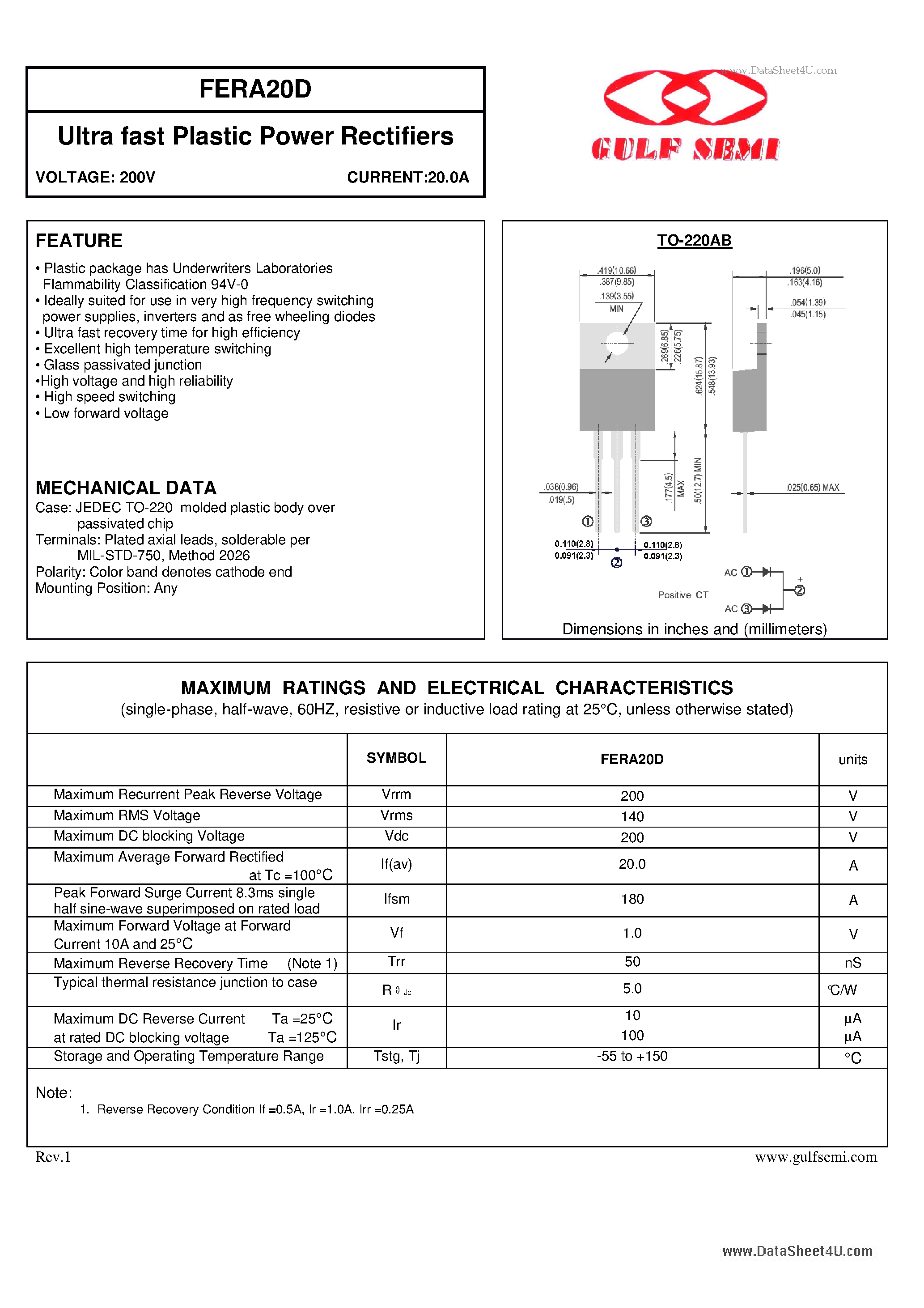 Datasheet FERA20D - Ultra fast Plastic Power Rectifiers VOLTAGE: 200V CURRENT:20.0A page 1