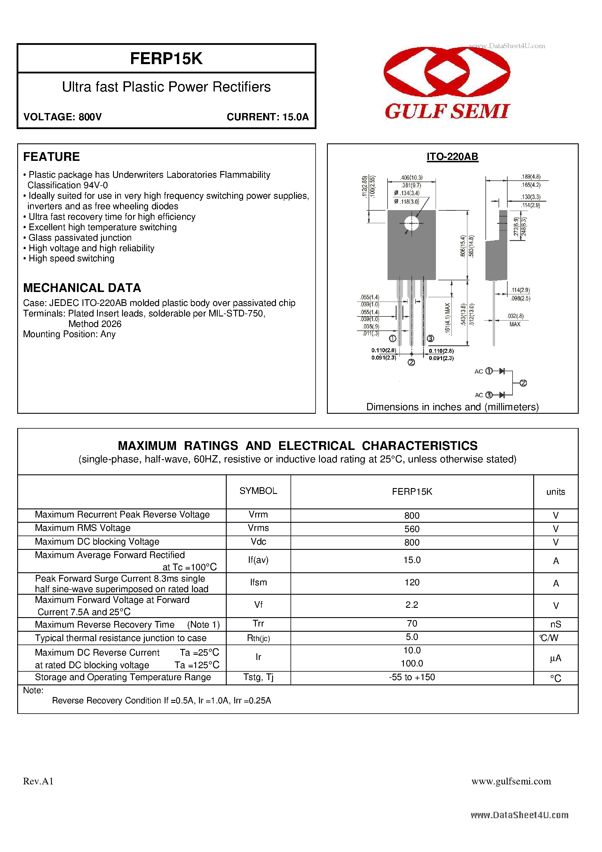 Datasheet FERP15K - Ultra fast Plastic Power Rectifiers VOLTAGE: 800V CURRENT:15.0A page 1