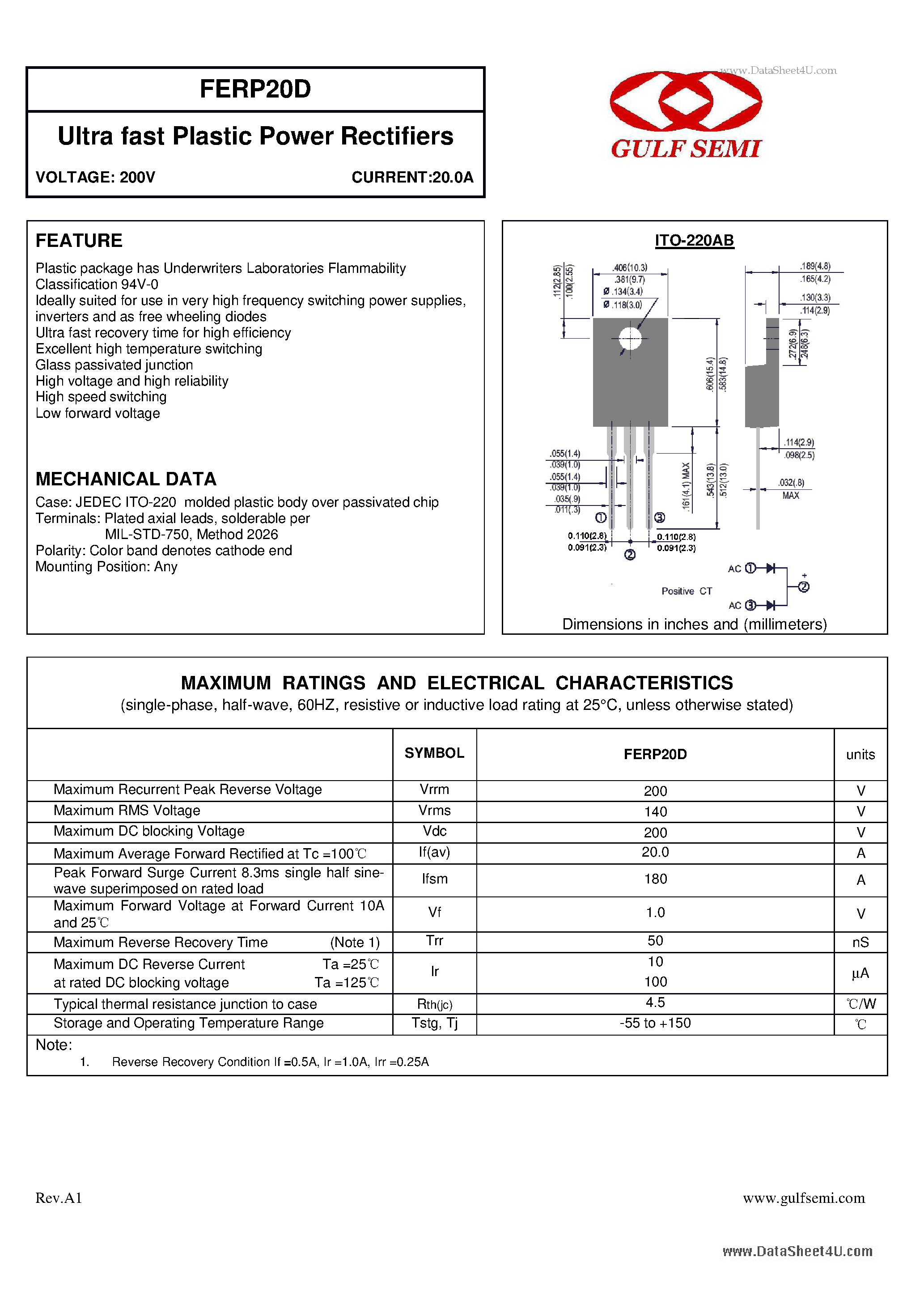 Datasheet FERP20D - Ultra fast Plastic Power Rectifiers VOLTAGE: 00V CURRENT:20.0A page 1