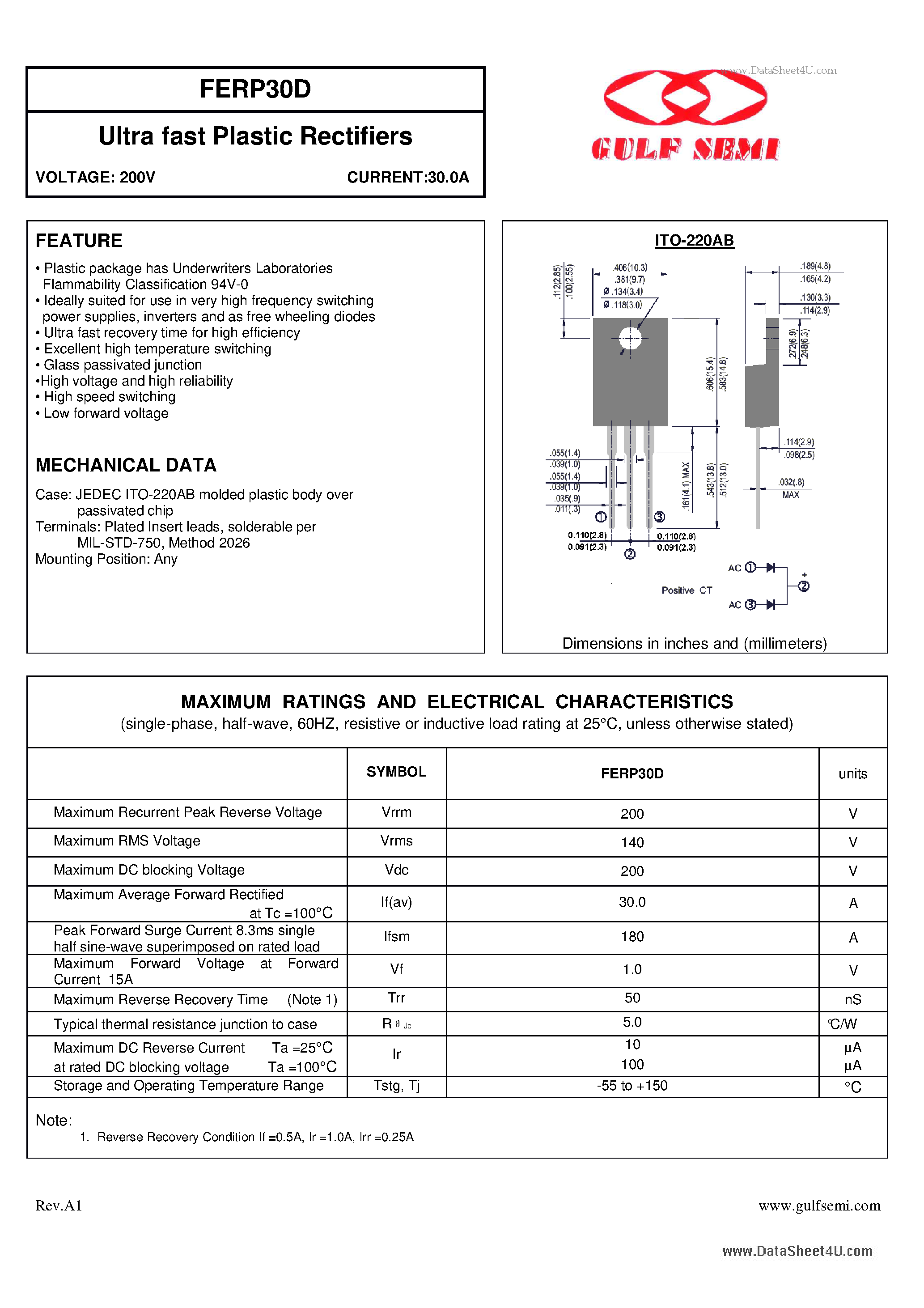 Datasheet FERP30D page 1 Datasheet FERP30D - Ultra fast Plastic Rectifiers VOLTAGE: 200V CURRENT:30.0A page 1