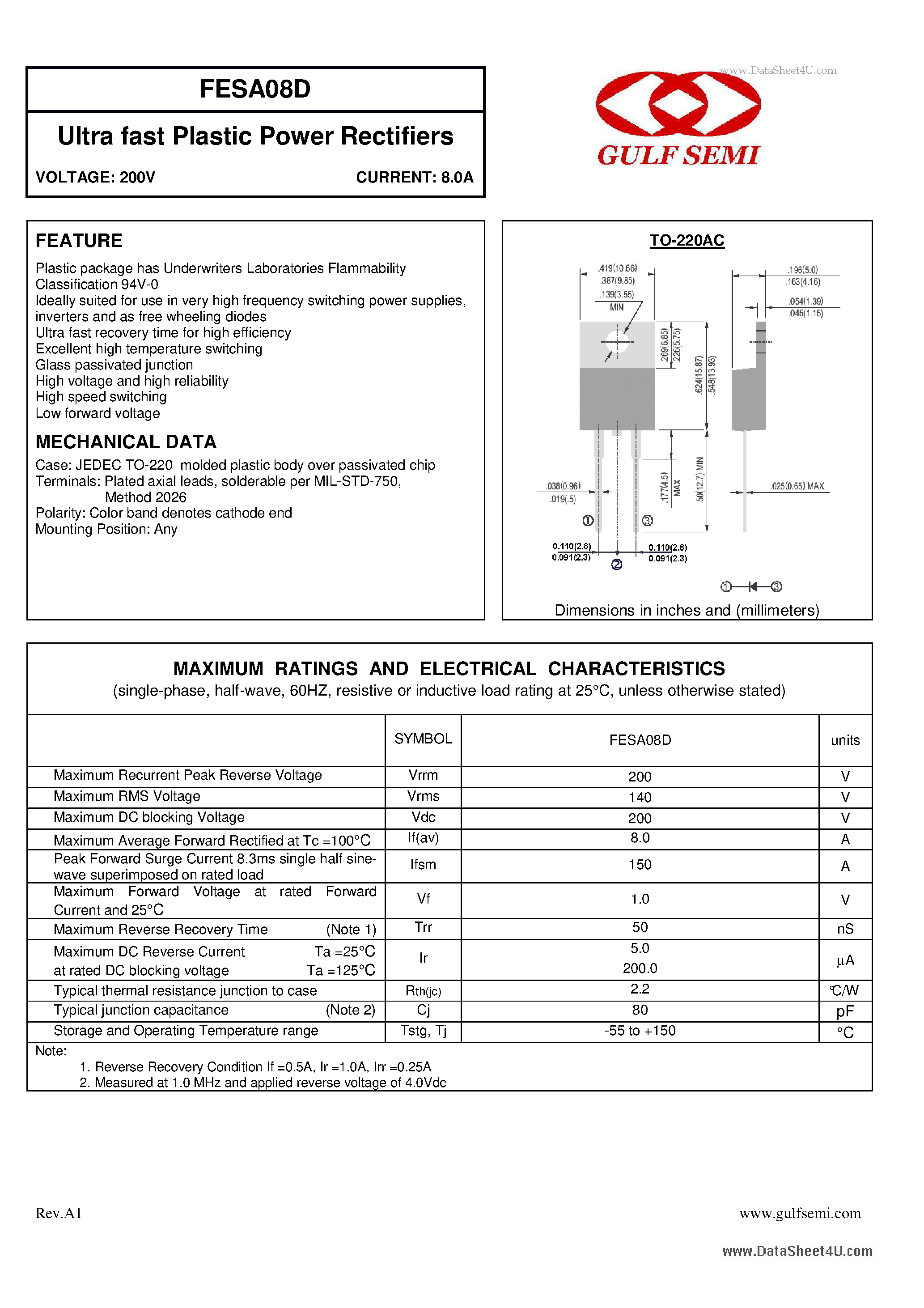 Datasheet FESA08D page 1 Datasheet FESA08D - Ultra fast Plastic Power Rectifiers VOLTAGE: 200V CURRENT:8.0A page 1