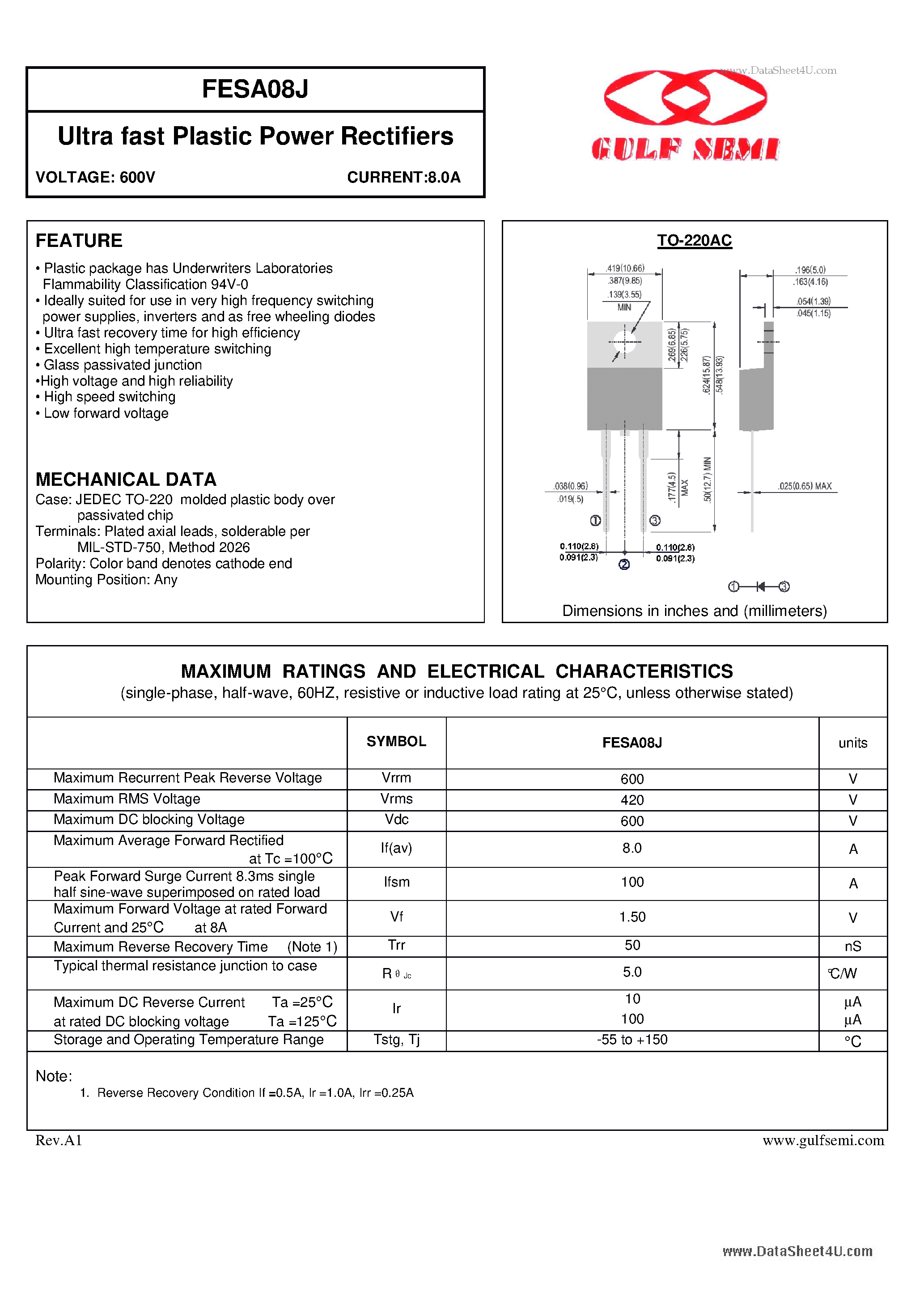 Datasheet FESA08J - Ultra fast Plastic Power Rectifiers VOLTAGE: 600V CURRENT:8.0A page 1