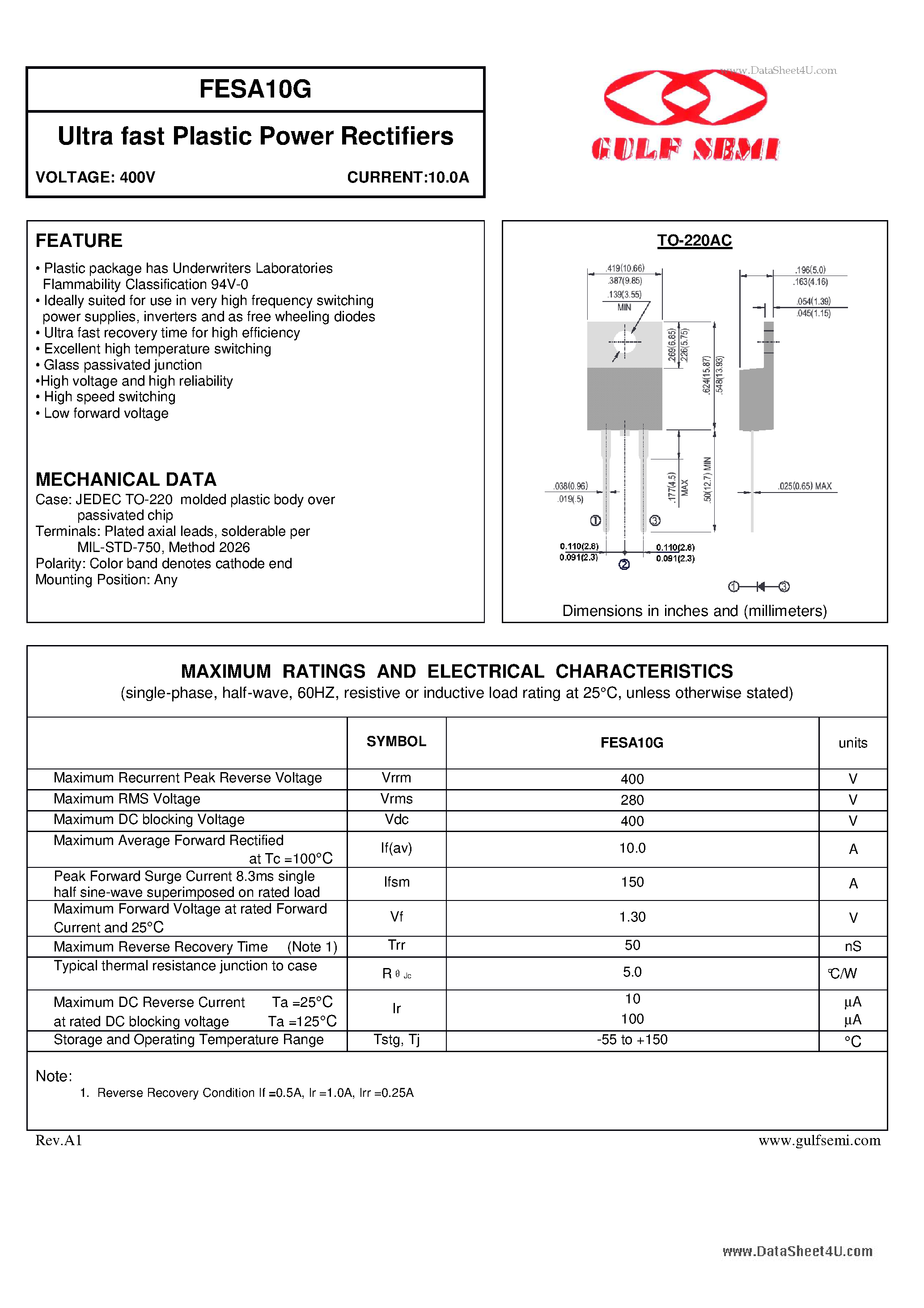 Datasheet FESA10G - Ultra fast Plastic Power Rectifiers VOLTAGE: 400V CURRENT:10.0A page 1