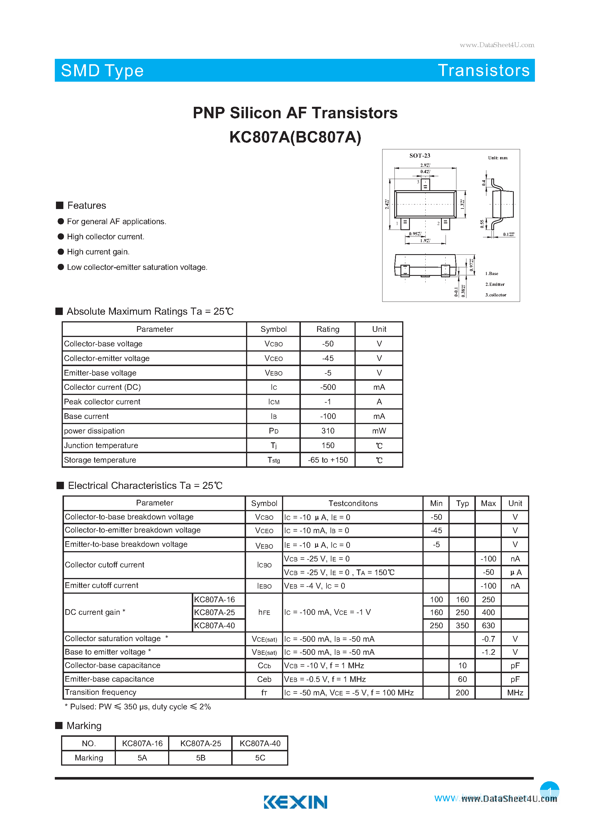 Даташит на микросхему KC807A страница 1 Даташит KC807A - PNP Silicon AF Transistors страница 1