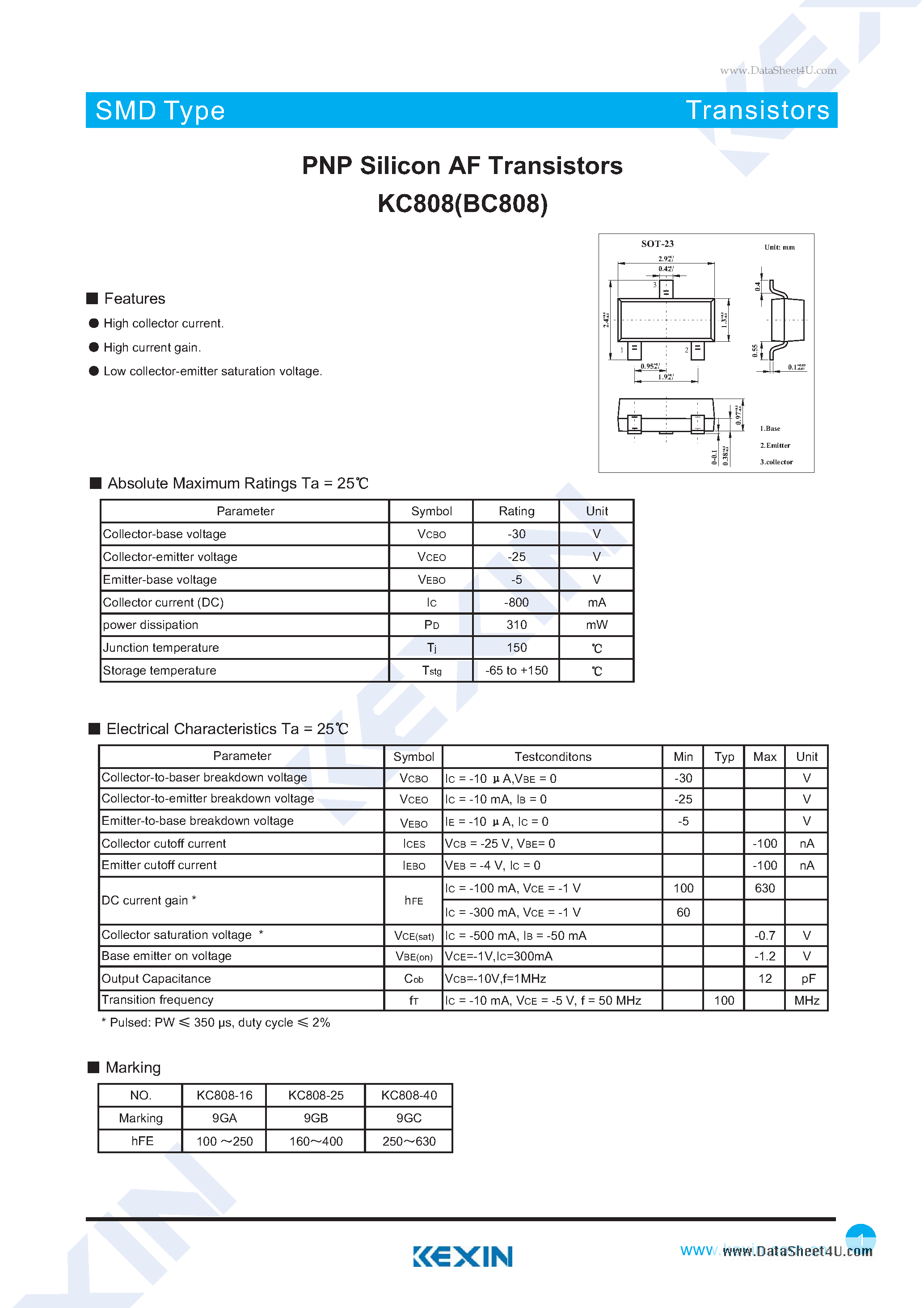Даташит BC808 - PNP Silicon AF Transistors страница 1