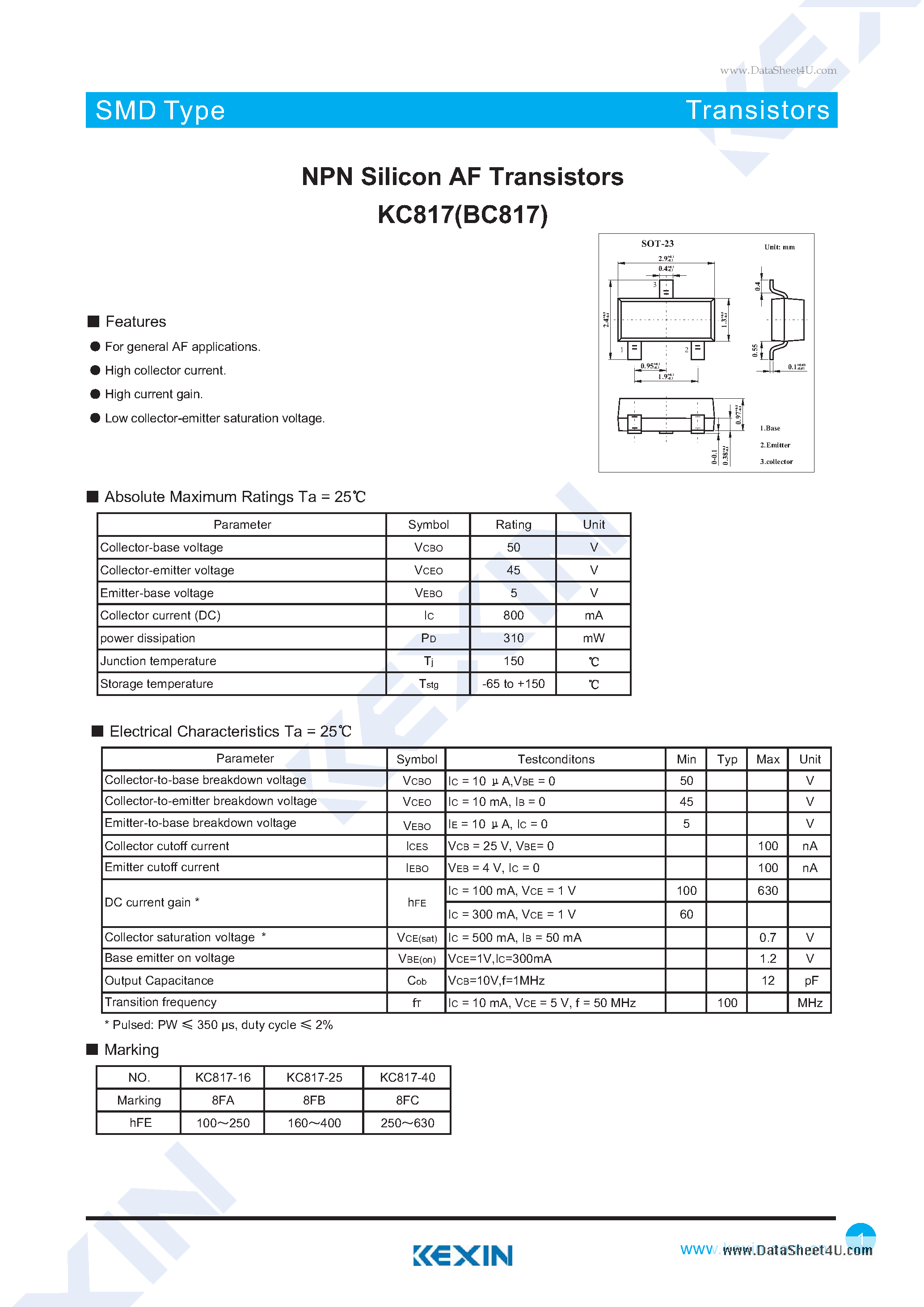 Даташит на микросхему KC817 страница 1 Даташит KC817 - PNP Silicon AF Transistors страница 1