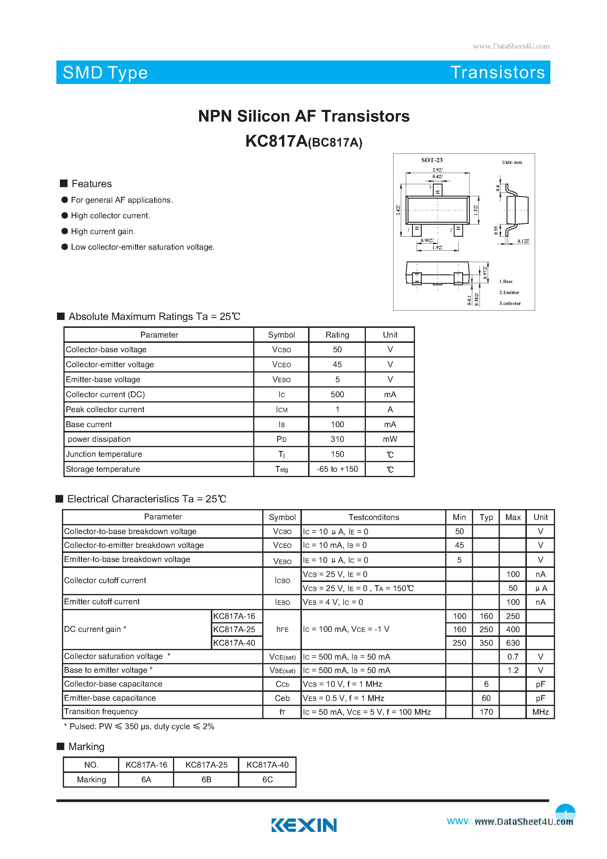 Даташит на микросхему KC817A страница 1 Даташит KC817A - NPN Silicon AF Transistors страница 1