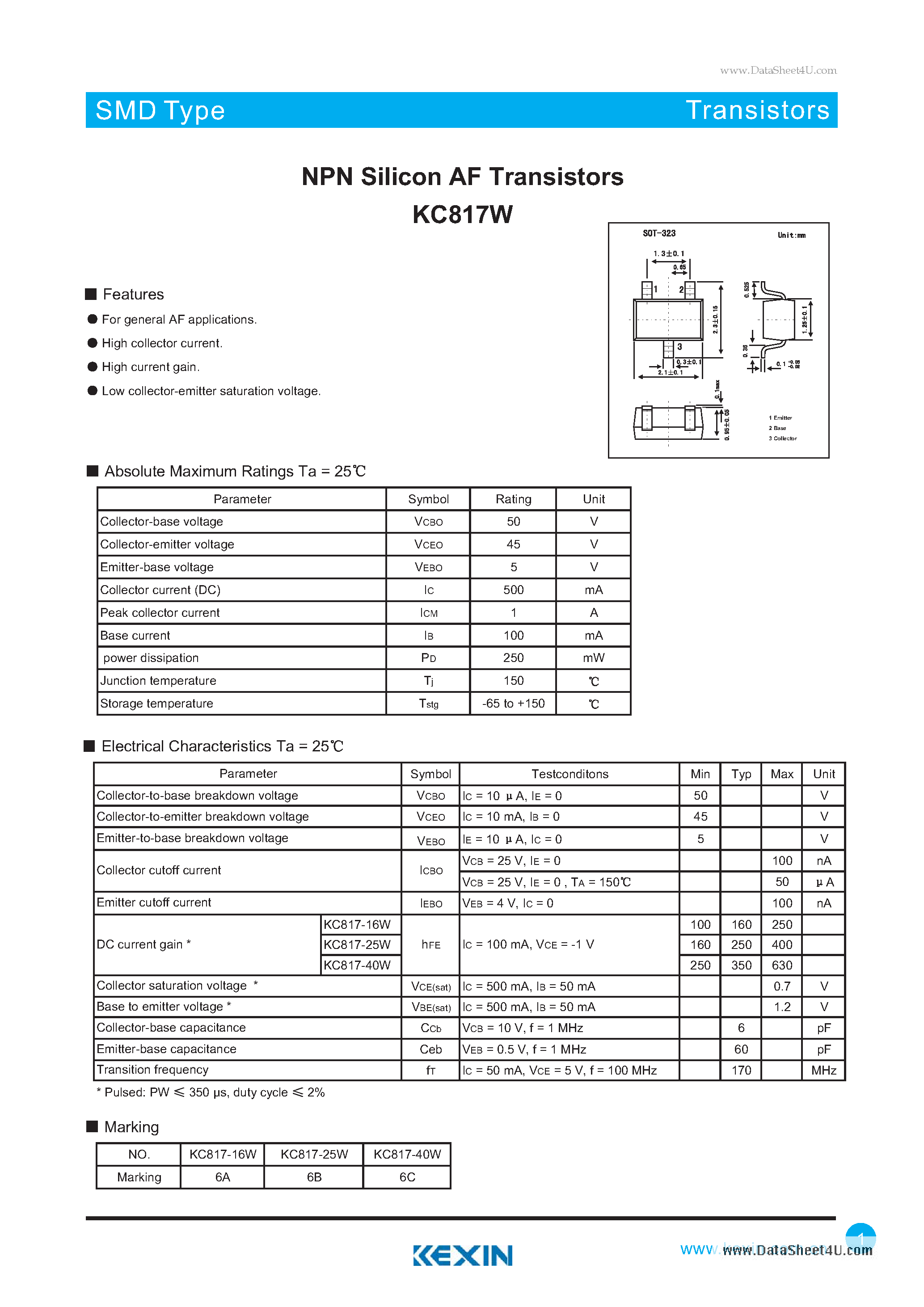 Даташит на микросхему KC817W страница 1 Даташит KC817W - NPN Silicon AF Transistors страница 1